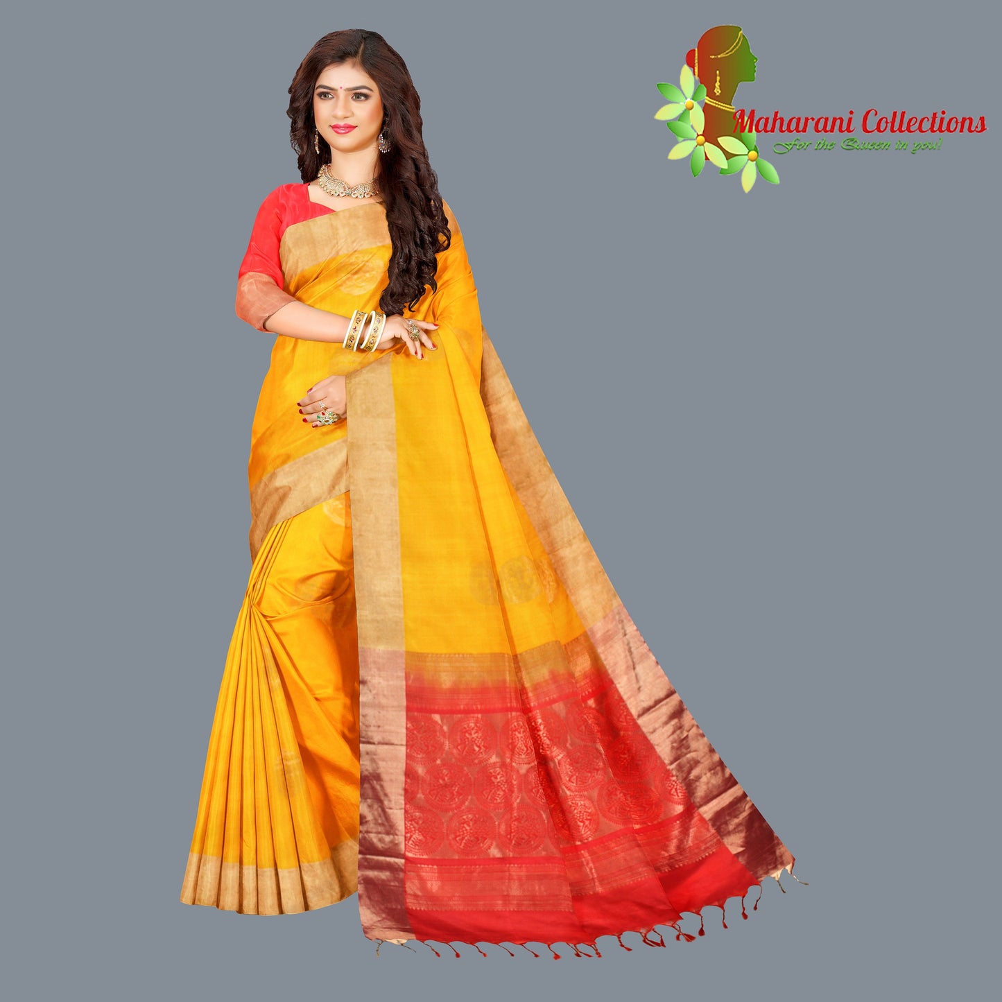 Maharani's Pure Handloom Kanjivaram Silk Saree - Yellow with Red Pallu and Golden Zari Border