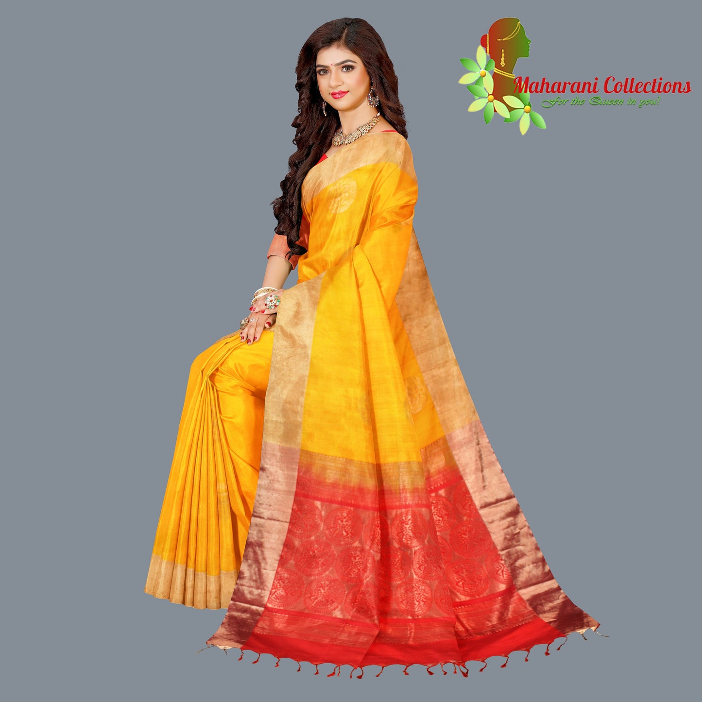 Maharani's Pure Handloom Kanjivaram Silk Saree - Yellow with Red Pallu and Golden Zari Border