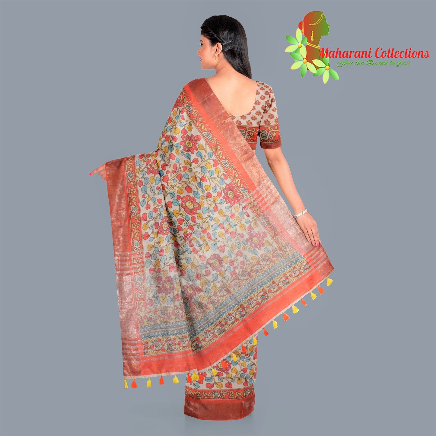 Pure Handloom Linen Silk (Matka) Saree - Orange (with stitched blouse and petticoat)