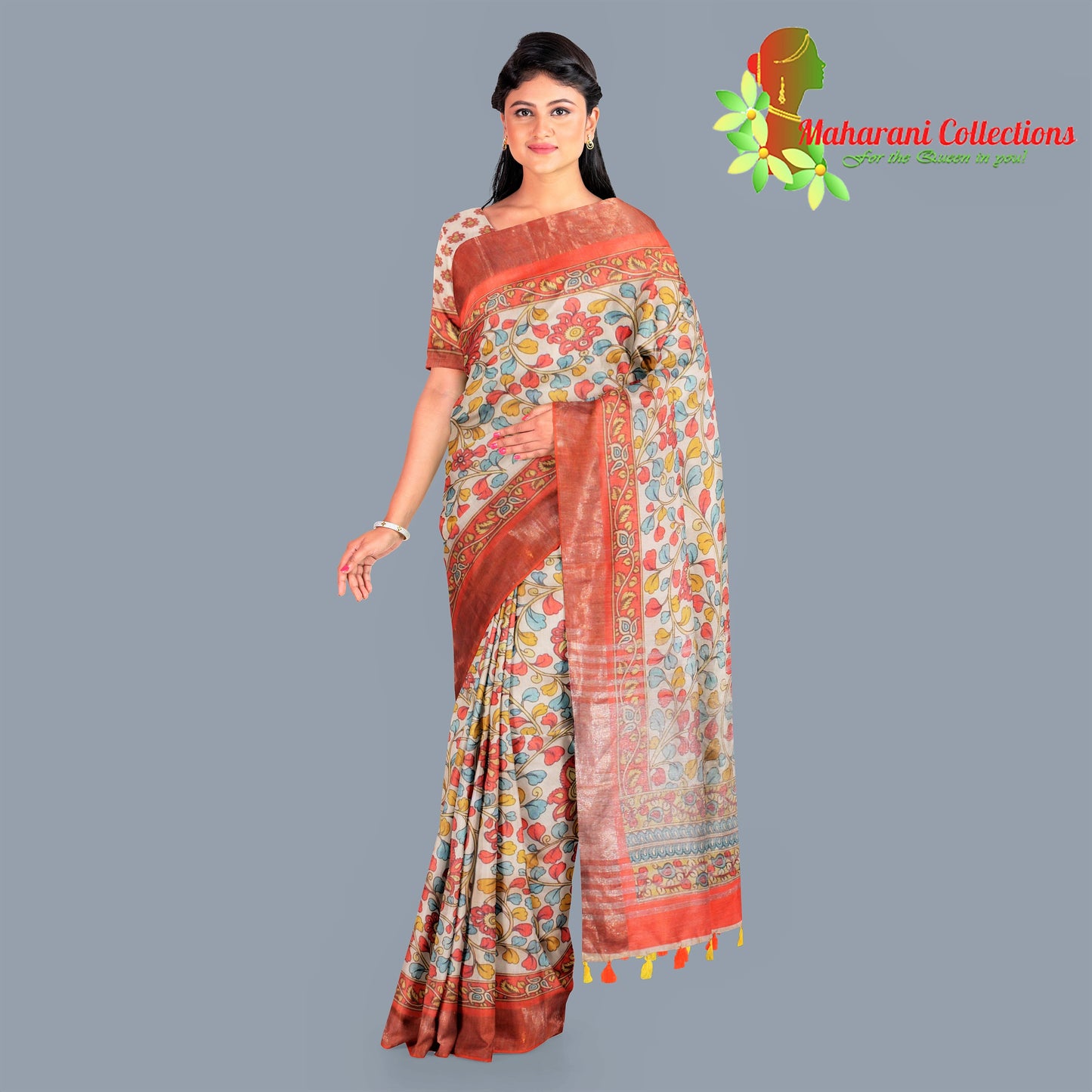 Pure Handloom Linen Silk (Matka) Saree - Orange (with stitched blouse and petticoat)