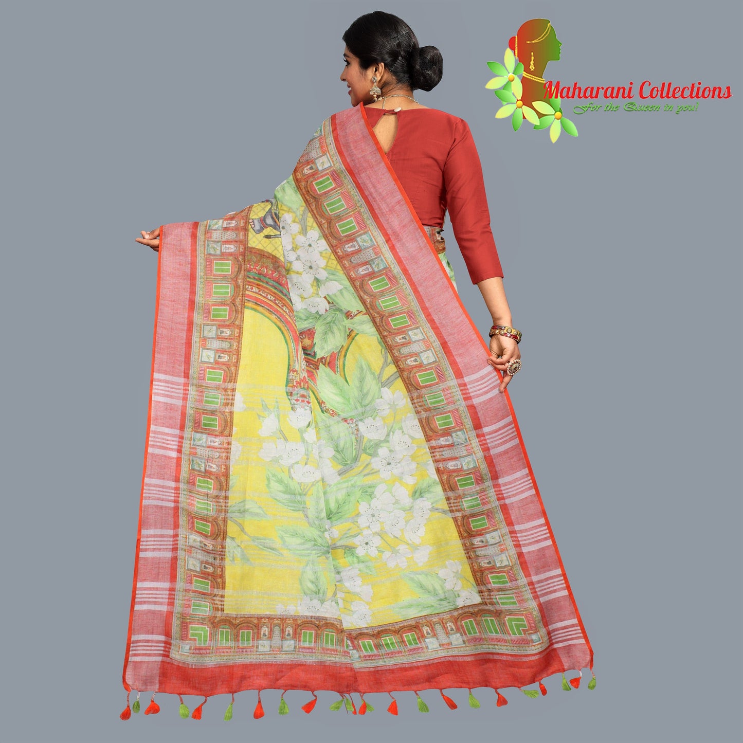 Pure Handloom Linen Silk (Matka) Saree - Yellow (with stitched blouse and petticoat)