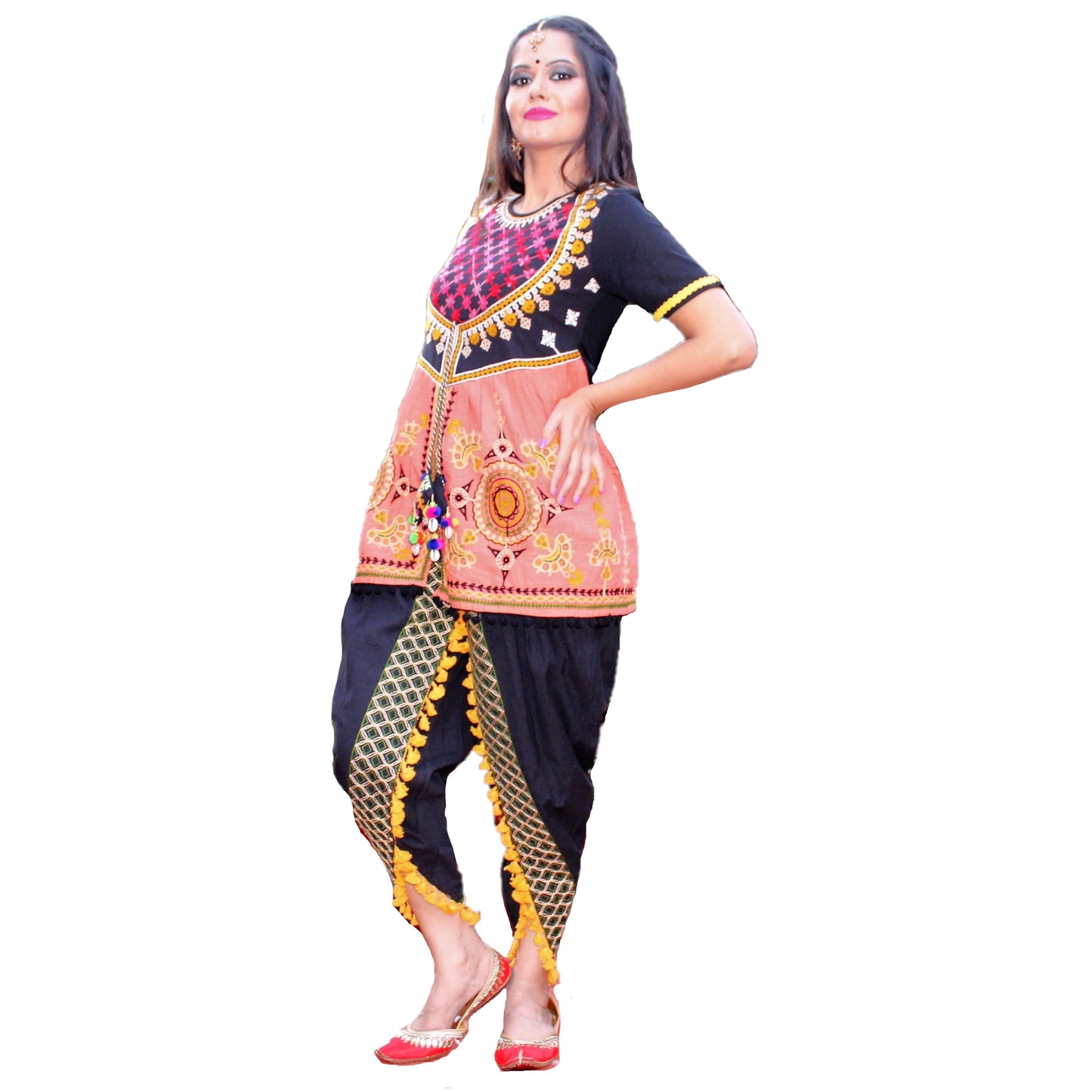 Maharani's Tulip Pant and Choli (Dhoti Choli) - Peach/Black (M)
