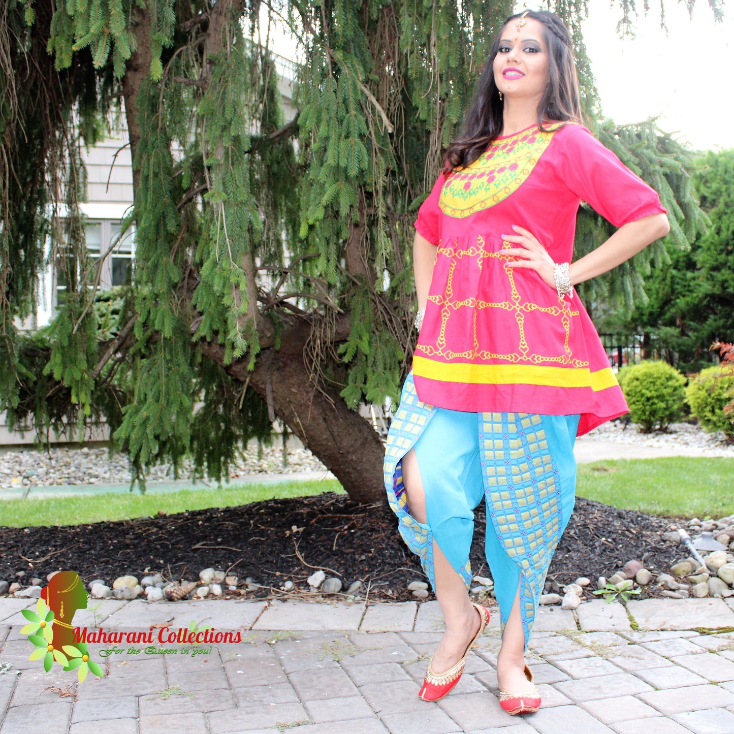 Maharani's Tulip Pant and Choli (Dhoti Choli) - Red/Blue (L)