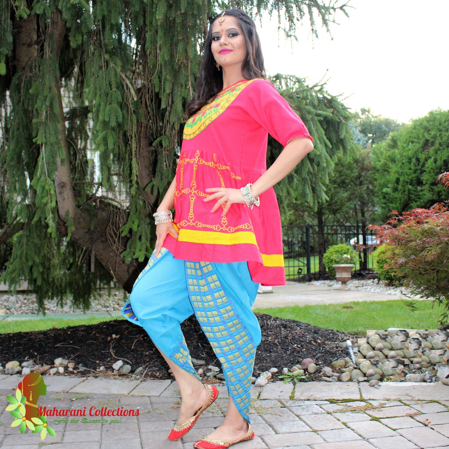 Maharani's Tulip Pant and Choli (Dhoti Choli) - Red/Blue (L)