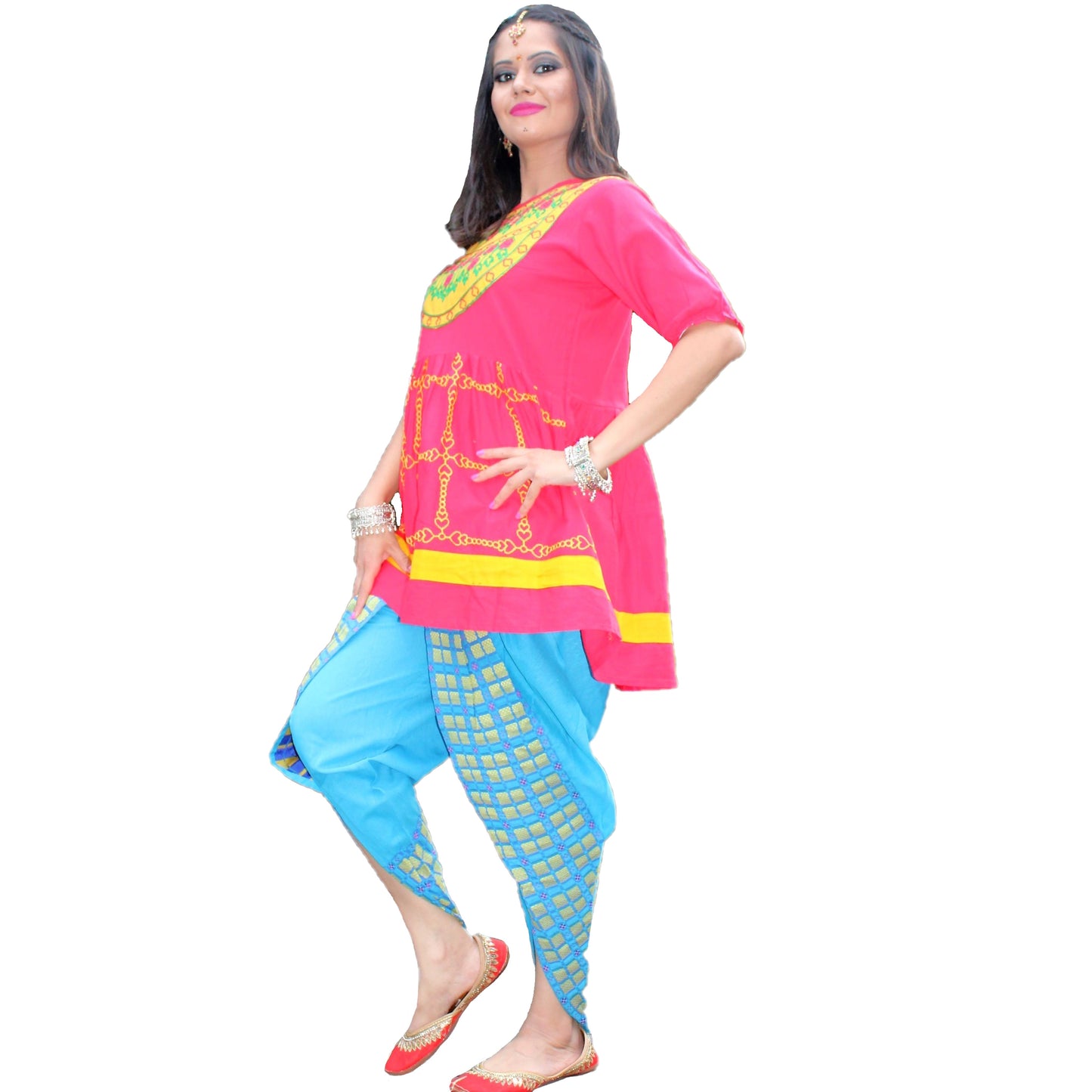 Maharani's Tulip Pant and Choli (Dhoti Choli) - Red/Blue (L)