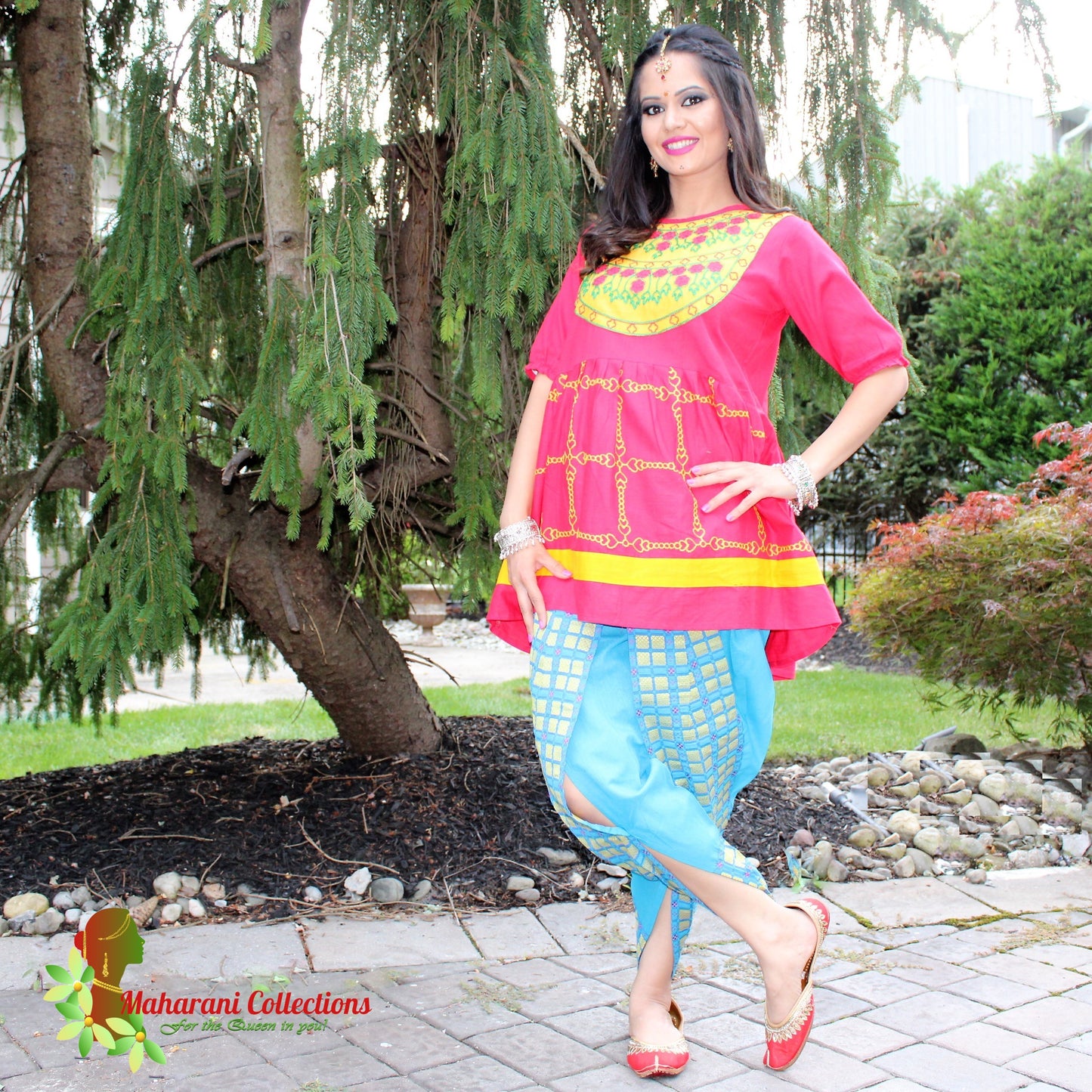 Maharani's Tulip Pant and Choli (Dhoti Choli) - Red/Blue (L)