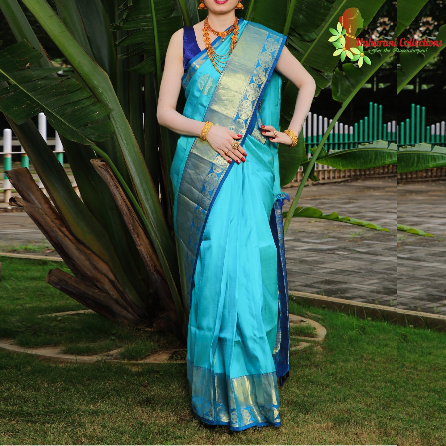 Maharani's Pure Handloom Kanjivaram Silk Saree - Turquoise with Blue Pallu and Golden Zari Border
