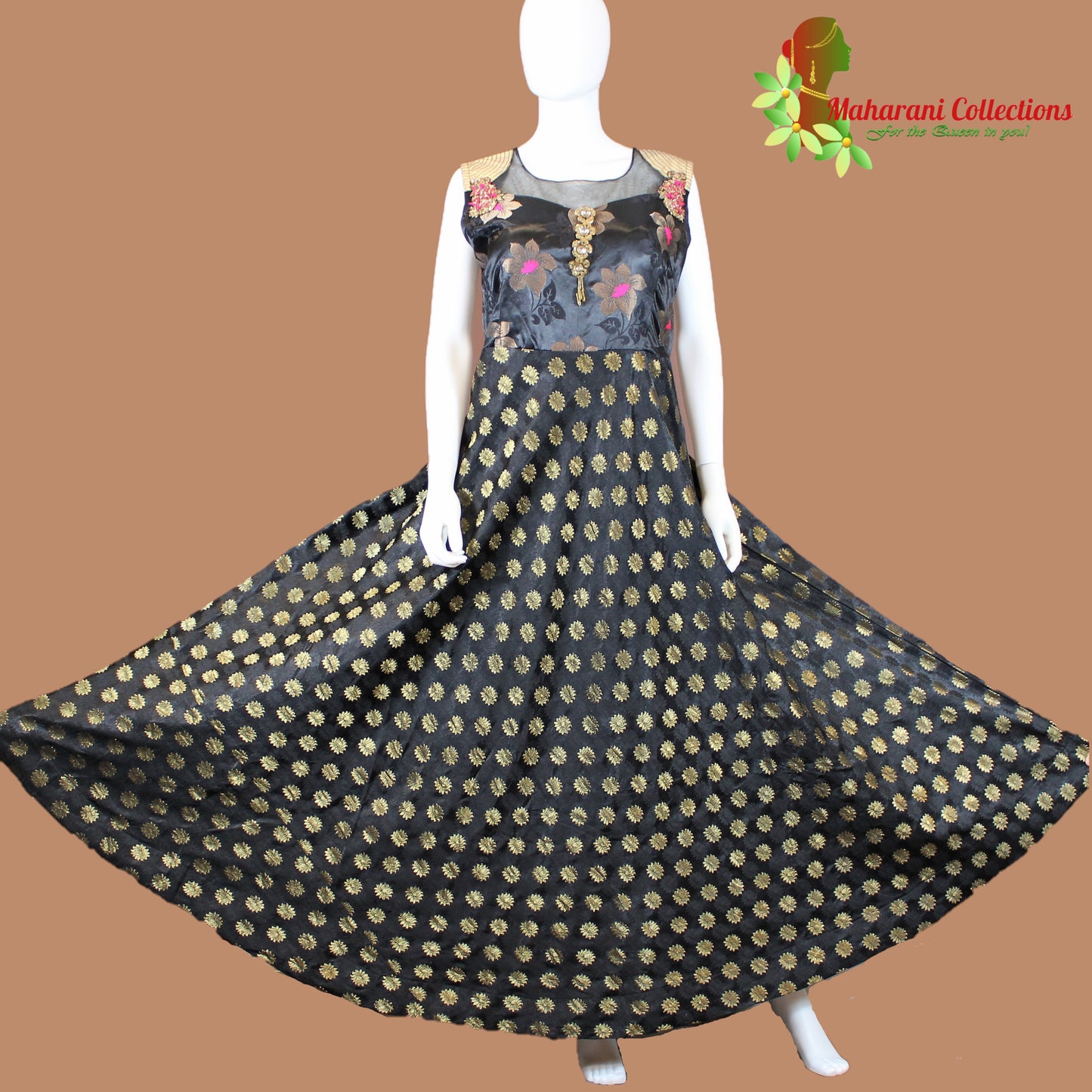 Maharani's Designer Gown (Anarkali Suit) - Black (L) - Banarasi Silk