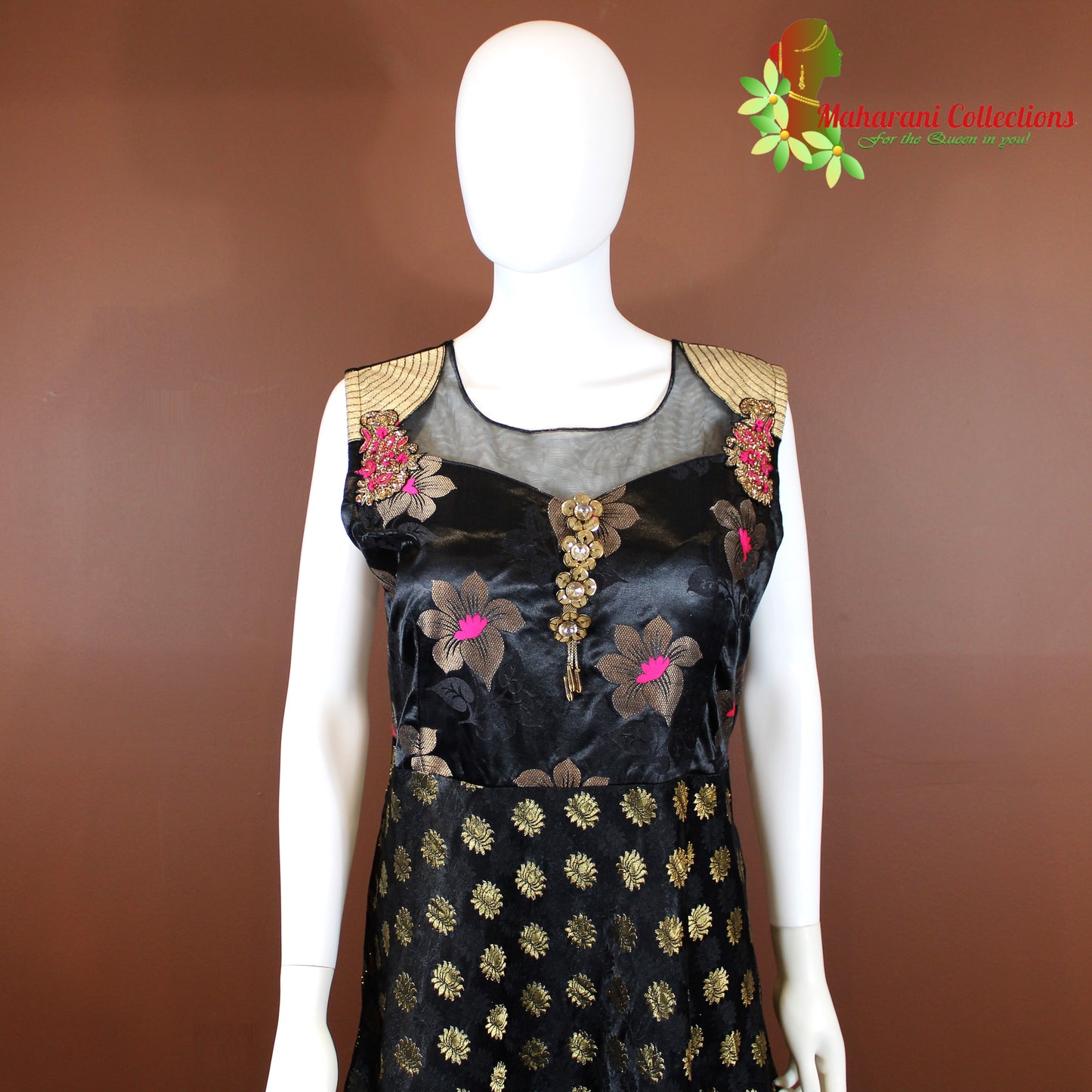 Maharani's Designer Gown (Anarkali Suit) - Black (L) - Banarasi Silk