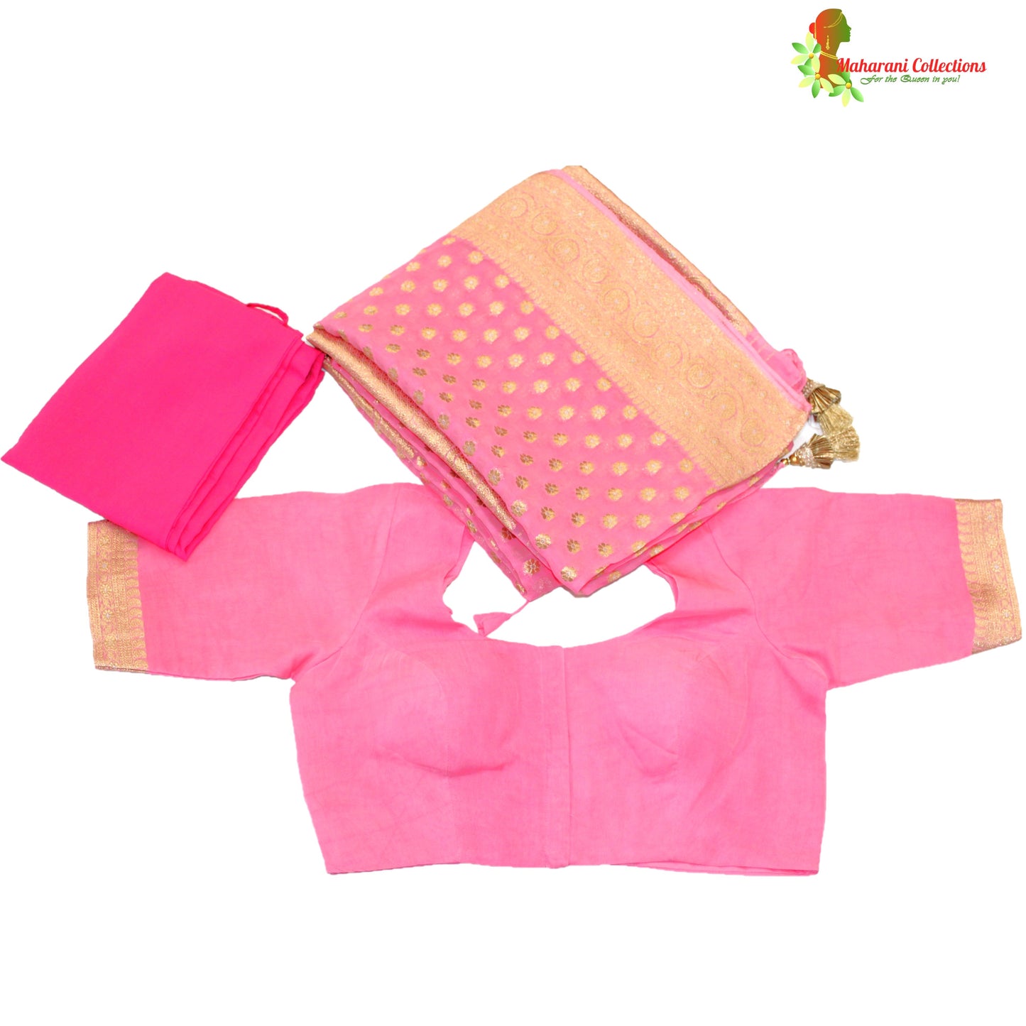 Maharani's Pure Banarasi Khaddi Georgette Saree - Pink (with Stitched Blouse and Petticoat)