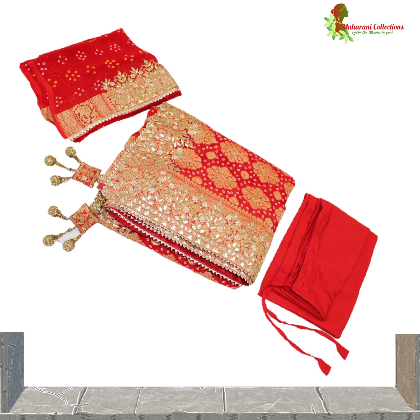 Maharani's Pure Handloom Banarasi Bandhej Silk Saree - Bridal Red (with Stitched Blouse and Petticoat)