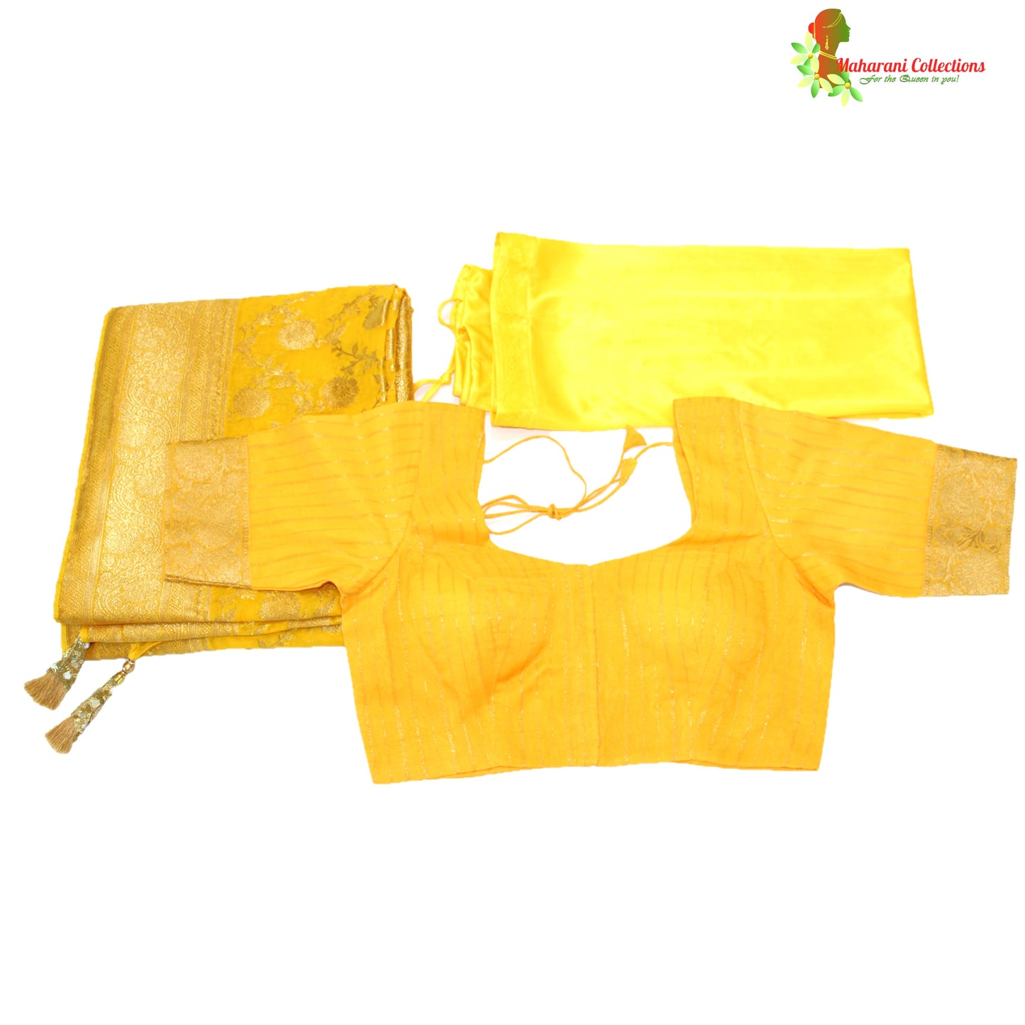Maharani's Pure Banarasi Khaddi Georgette Saree - Yellow (with Stitched Blouse and Petticoat)