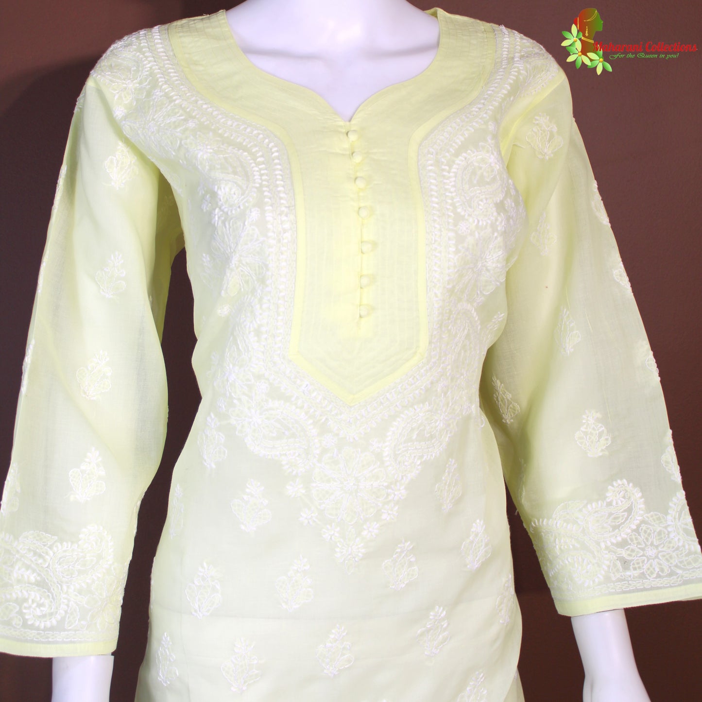 Maharani's Lucknowi Chikankari Pant Suit - Lemon Yellow (L) - Cotton