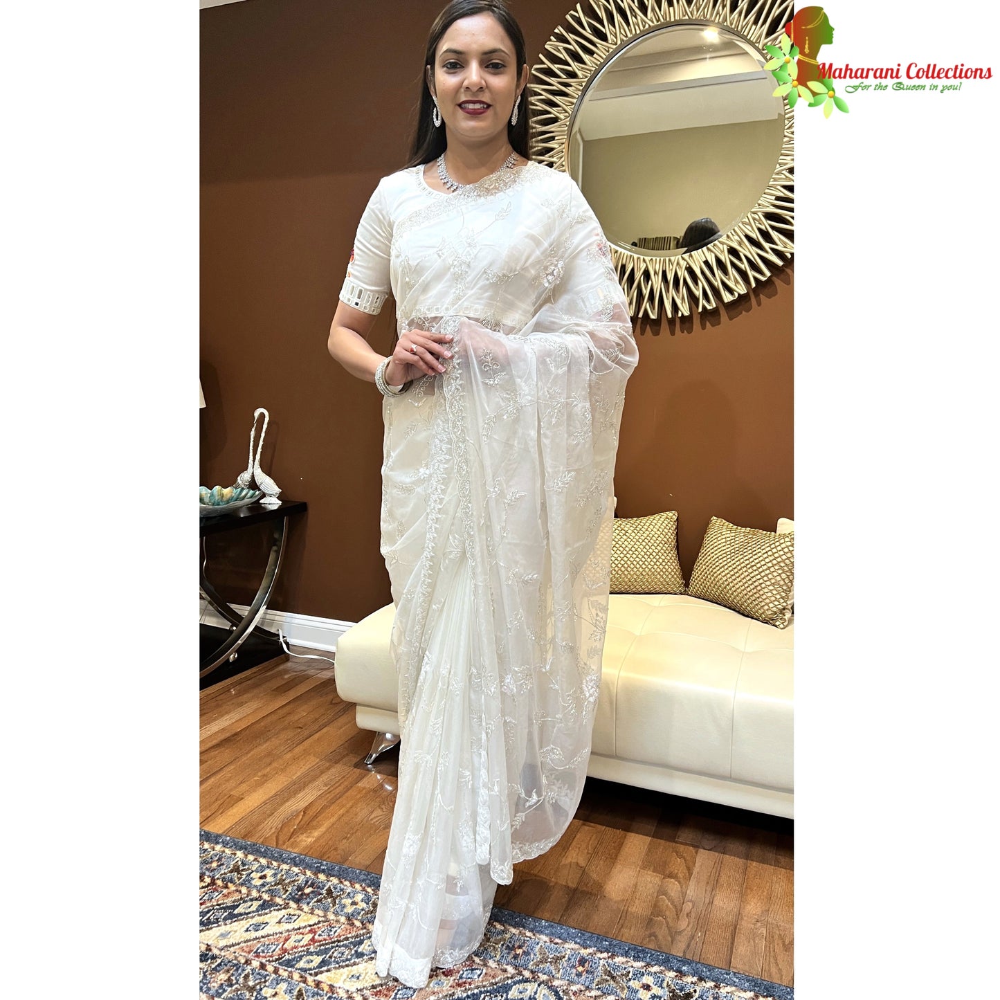Maharani's Party Wear Tissue Chiffon Saree - White (with Stitched Petticoat)