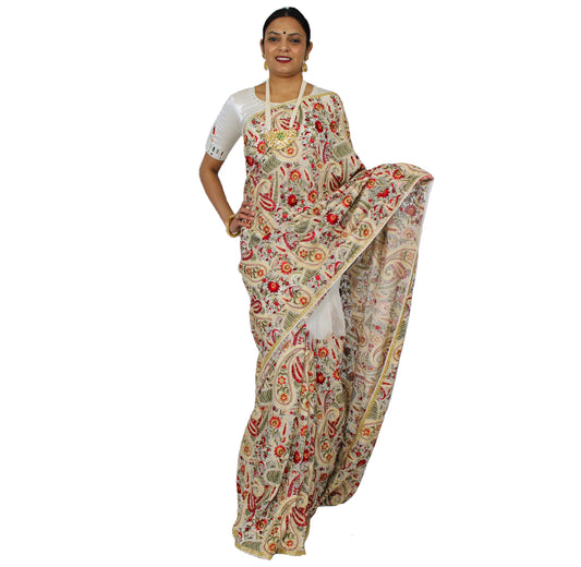 Maharani's Designer Party Wear Georgette Saree - White (with Stitched Petticoat)