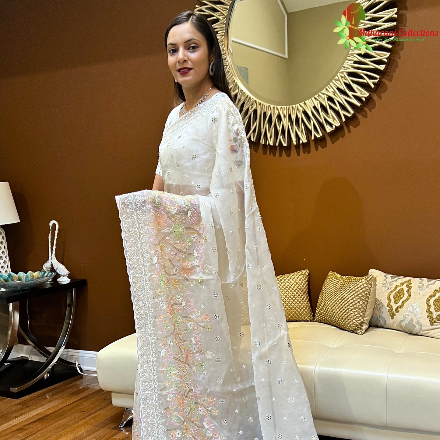 Maharani's Designer Party Wear Organza Saree - White (with Stitched Petticoat)