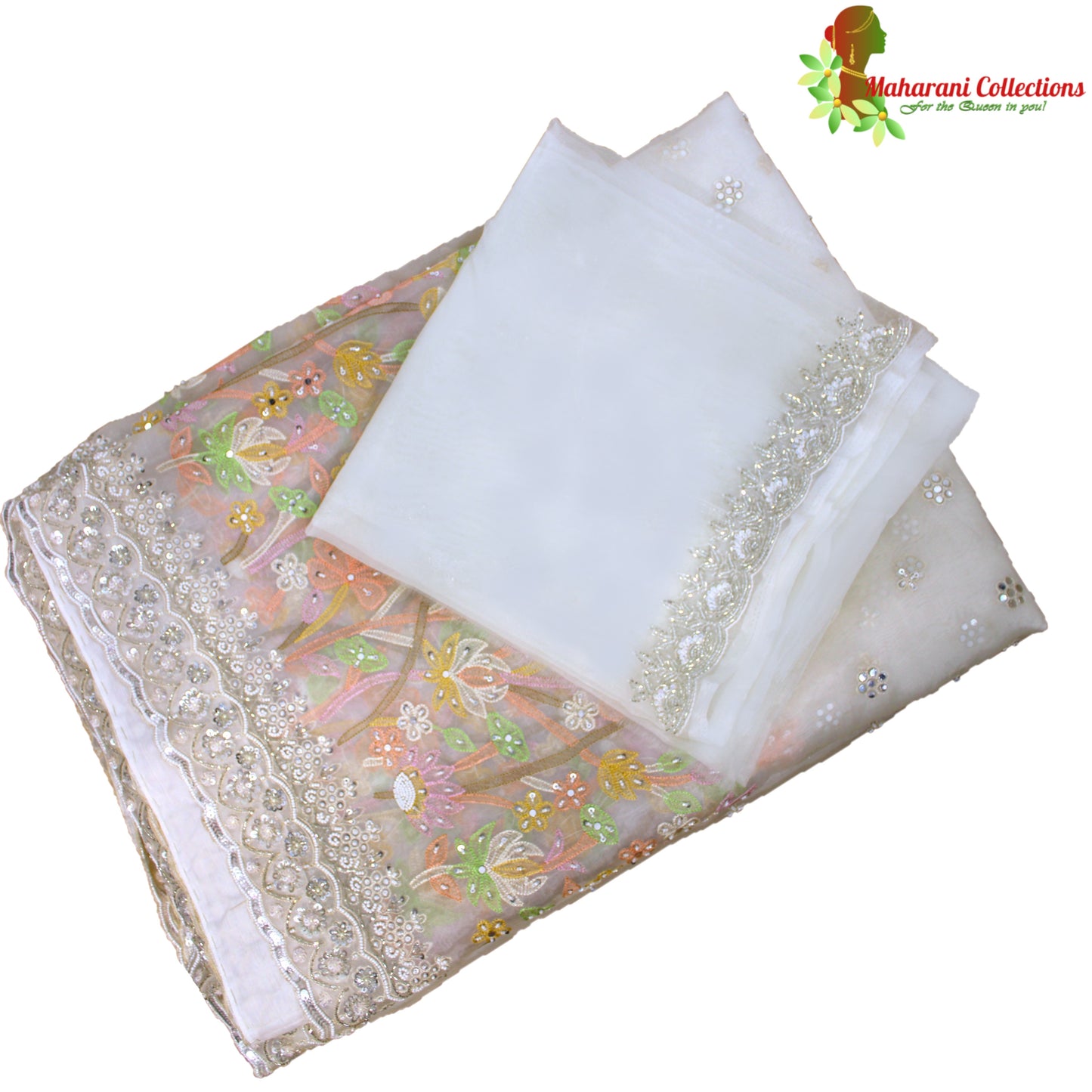 Maharani's Designer Party Wear Organza Saree - White (with Stitched Petticoat)