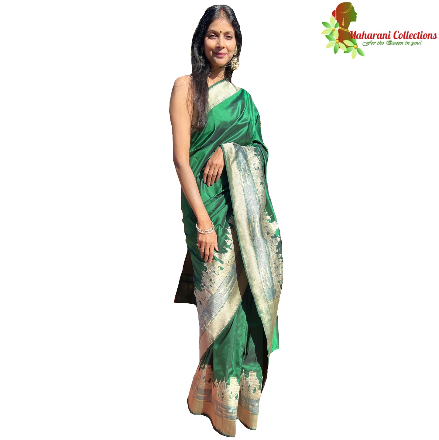 Maharani's Pure Banarasi Silk Saree - Bottle Green (with stitched Petticoat)
