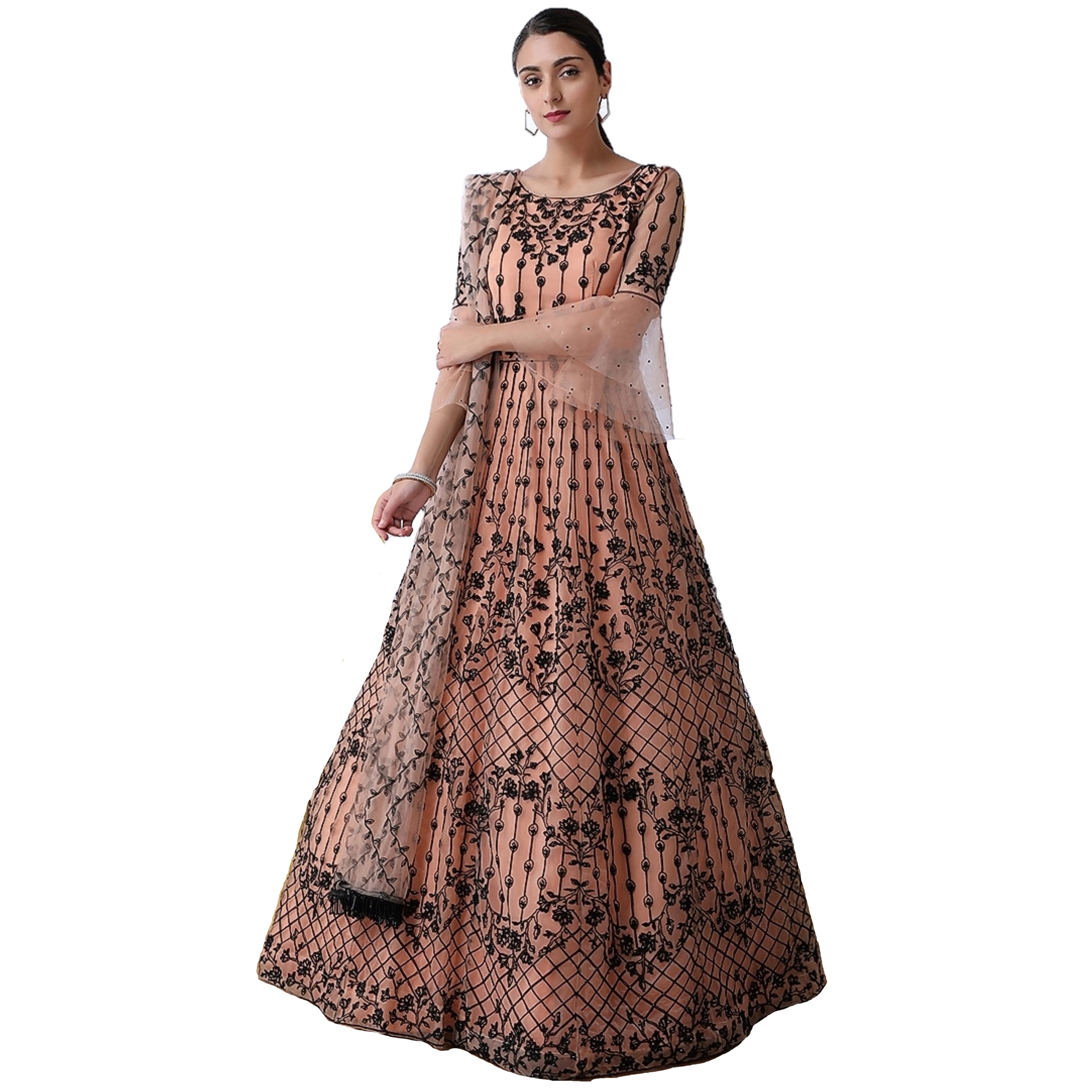 Designer Party Wear Net Gown With Metallic Foil Work – Cygnus Fashion
