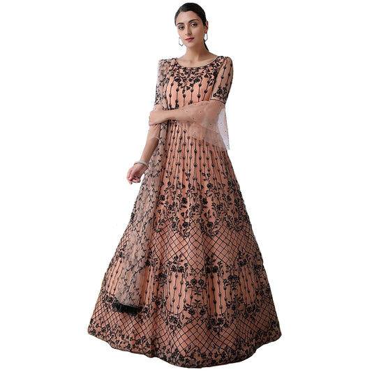 Maharani's Designer Gala Gown - Peach and Black with Exquisite Thread Work