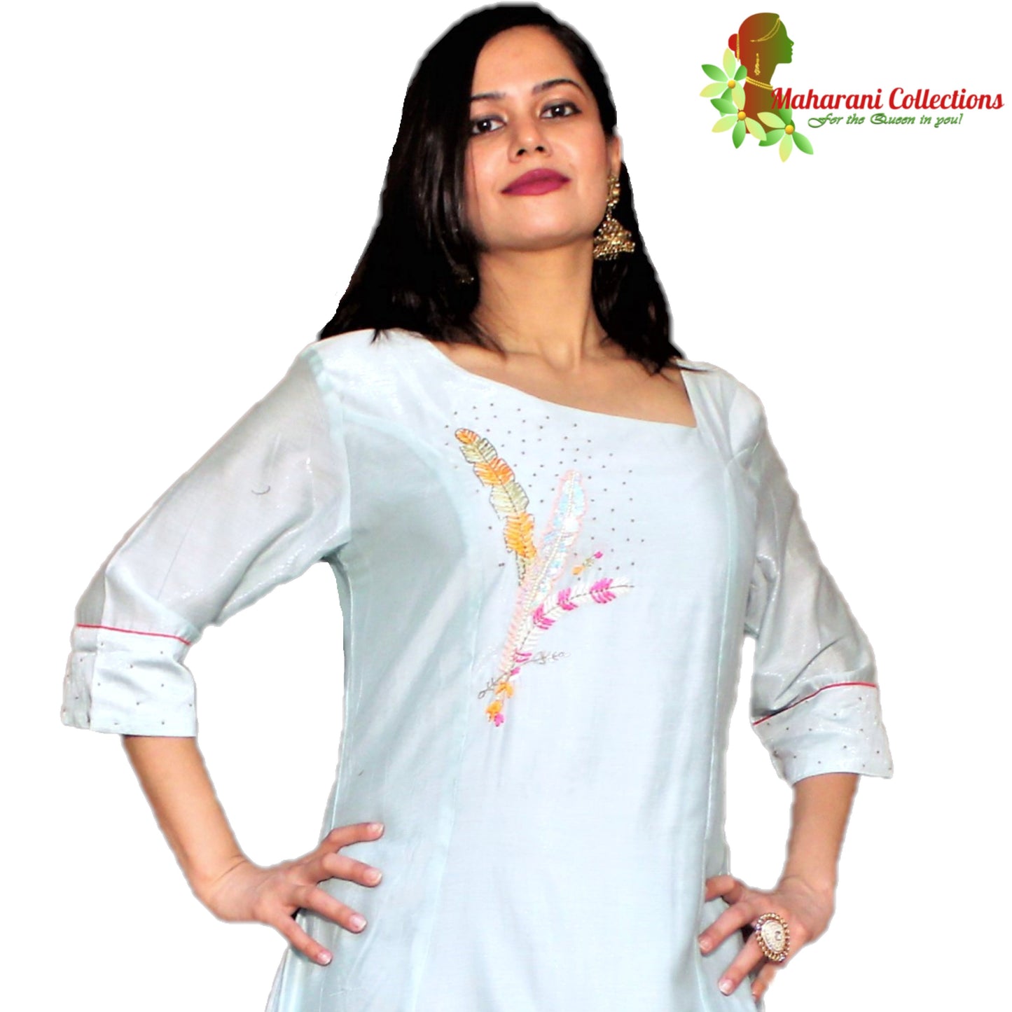 Maharani's Silk Long Evening Gown with Dupatta - Sea Green (M)