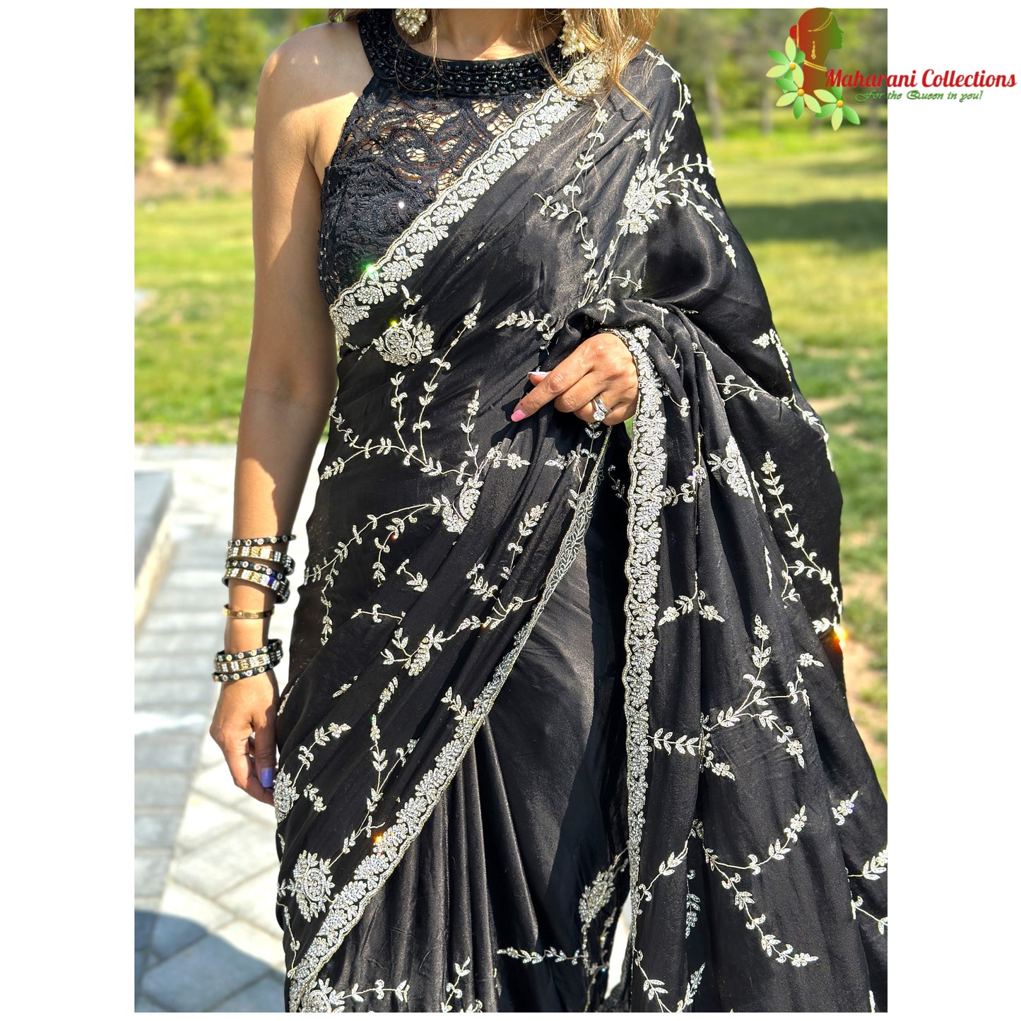 Maharani's Designer Party Wear Georgette Saree - Black (with Stitched Petticoat)