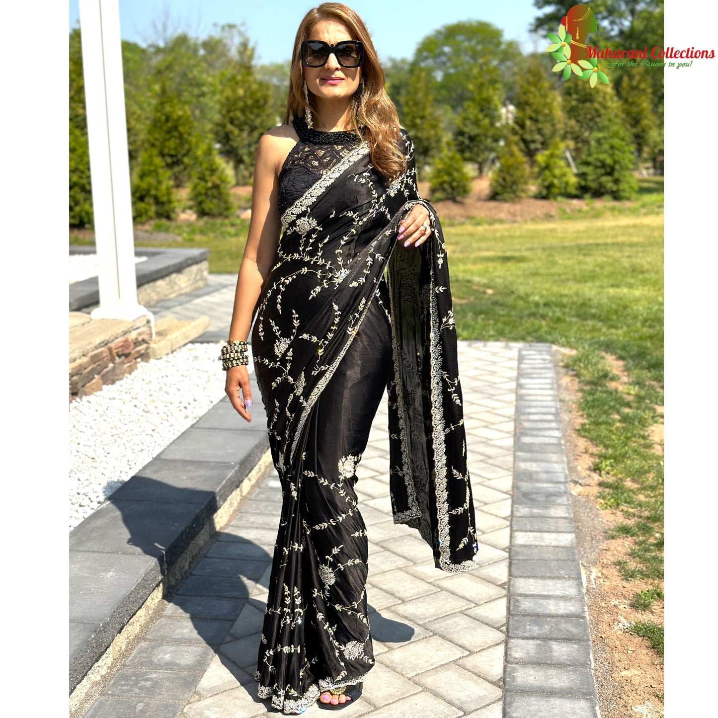 Maharani's Designer Party Wear Georgette Saree - Black (with Stitched Petticoat)