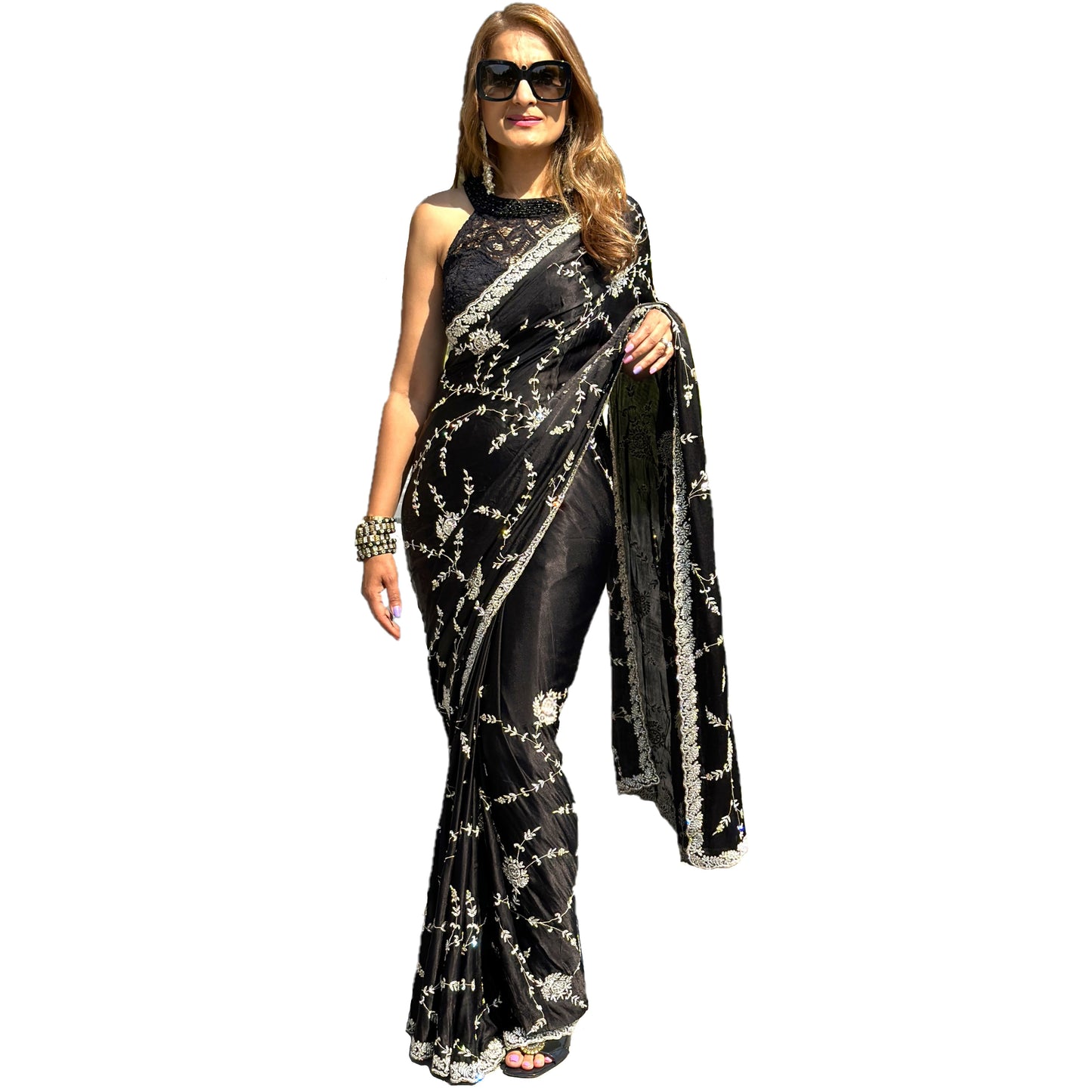 Maharani's Designer Party Wear Georgette Saree - Black (with Stitched Petticoat)