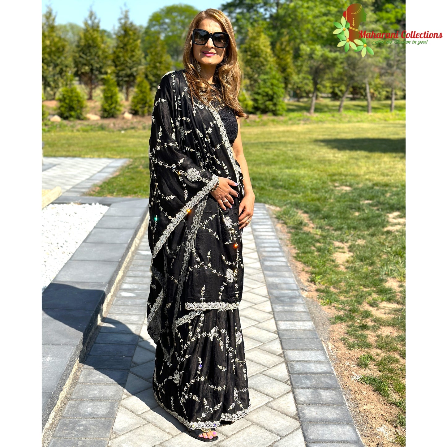 Maharani's Designer Party Wear Georgette Saree - Black (with Stitched Petticoat)