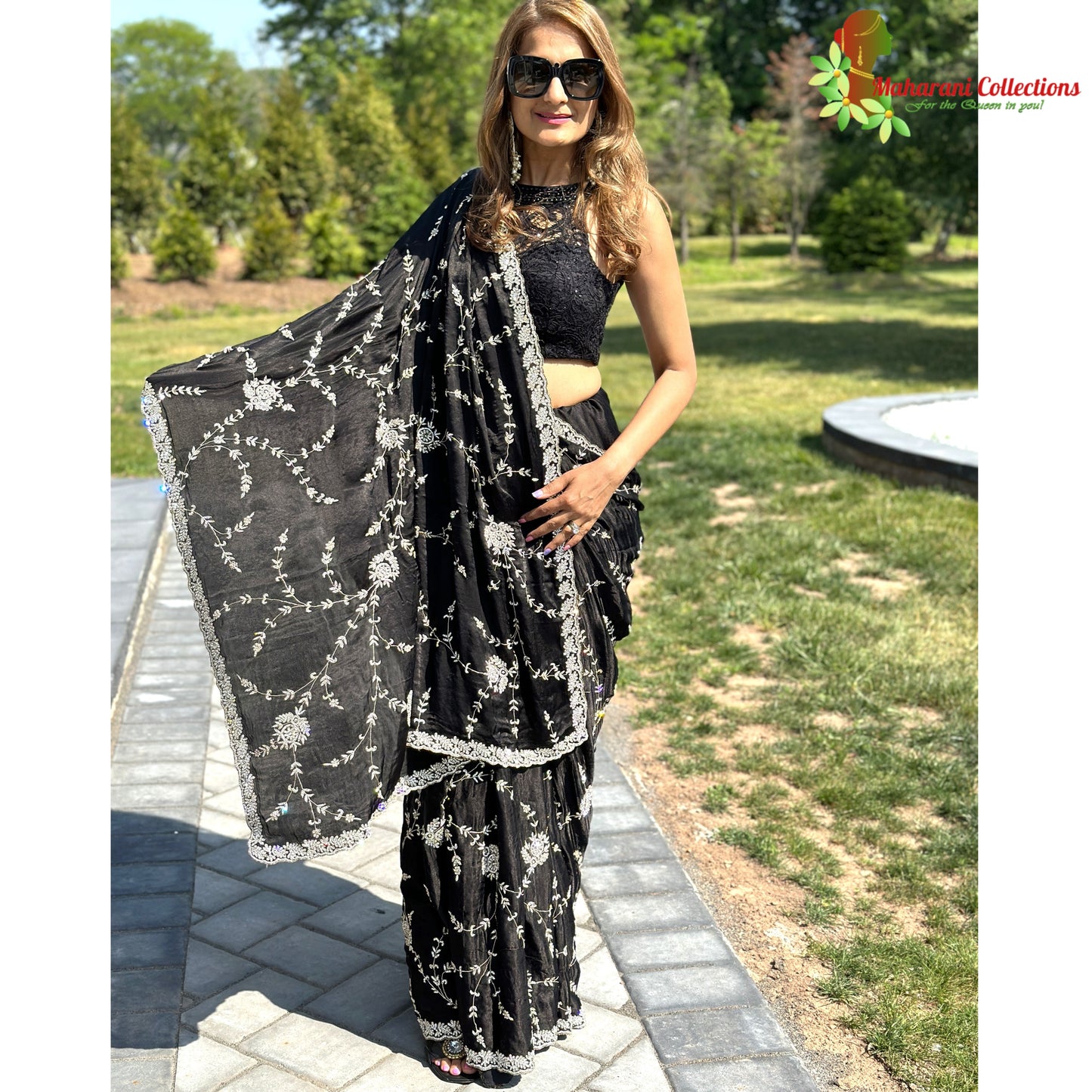 Maharani's Designer Party Wear Georgette Saree - Black (with Stitched Petticoat)