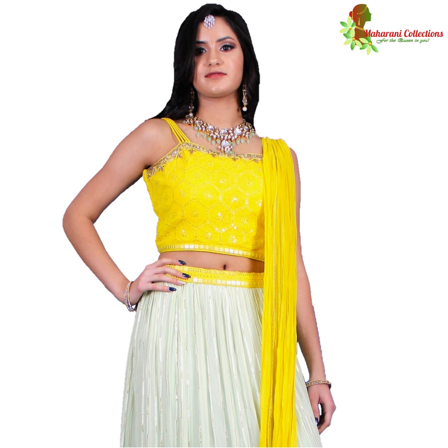 Maharani's Designer Net Silk Lehenga Choli - Yellow/Sea Green