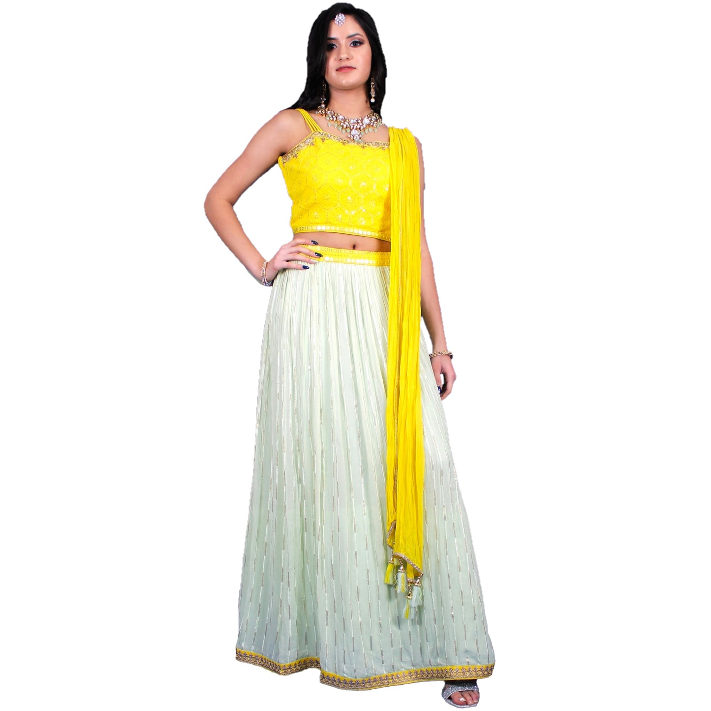 Maharani's Designer Net Silk Lehenga Choli - Yellow/Sea Green