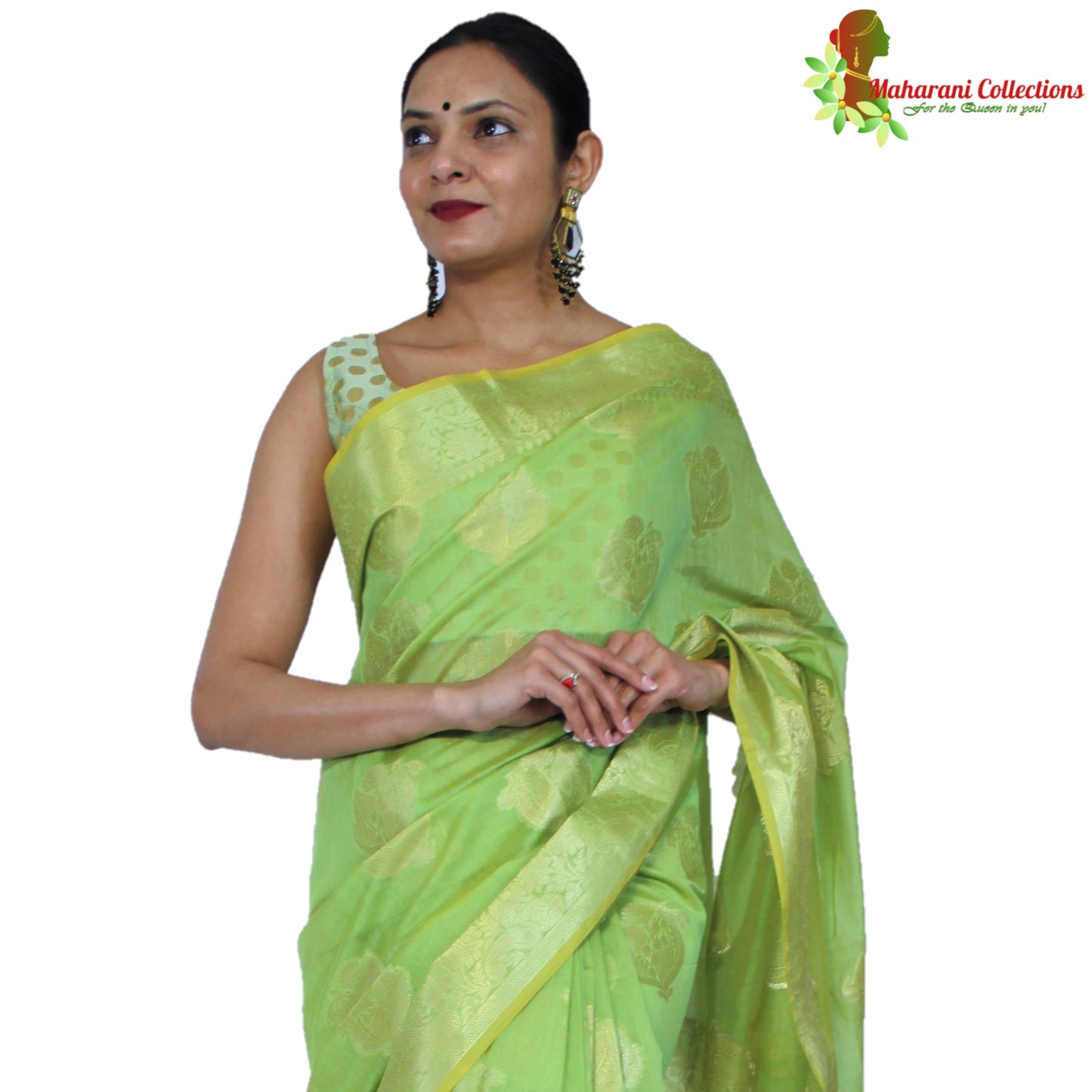 Maharani's Pure Banarasi Silk Saree - Asparagus Green (with Stitched Blouse and Petticoat)