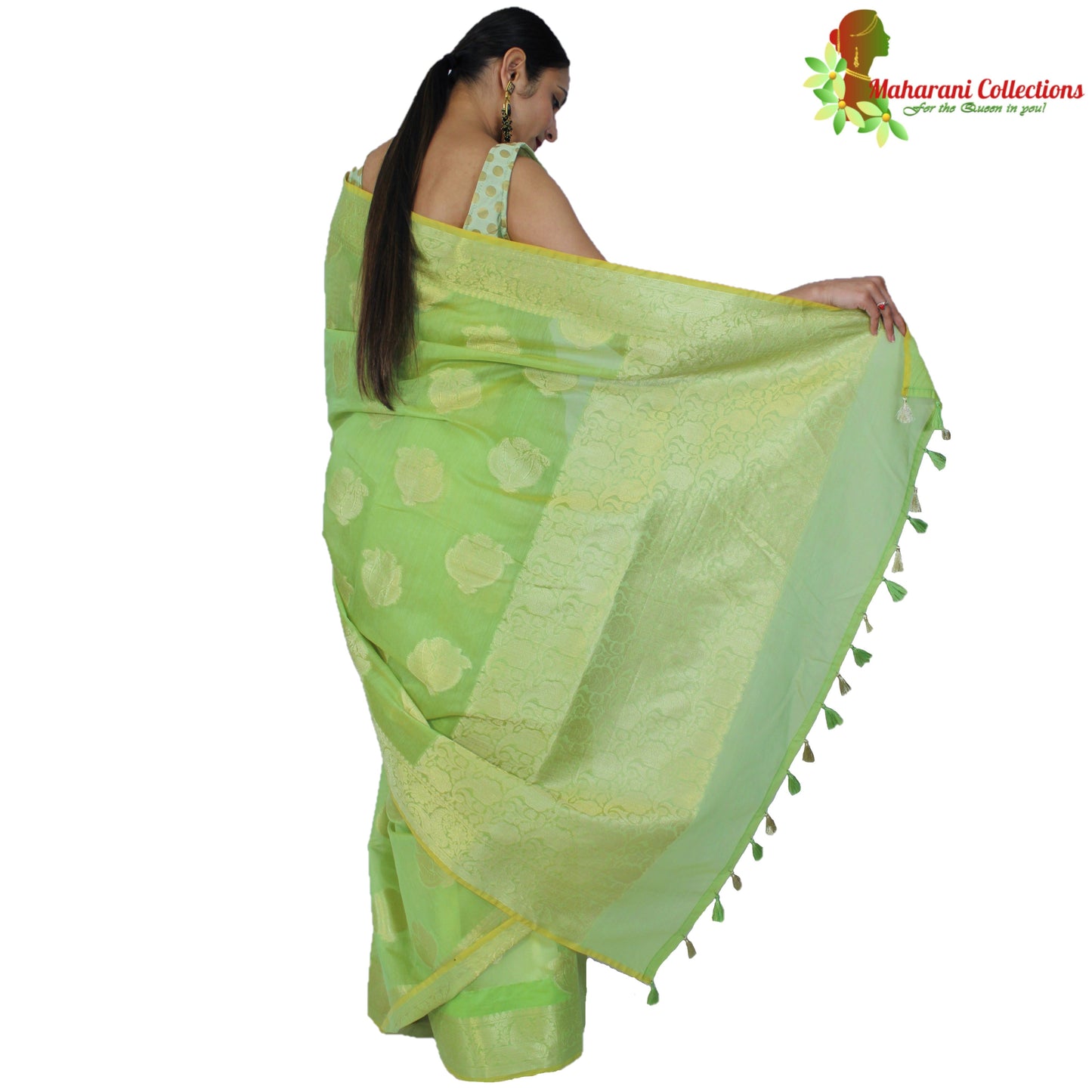 Maharani's Pure Banarasi Silk Saree - Asparagus Green (with Stitched Blouse and Petticoat)