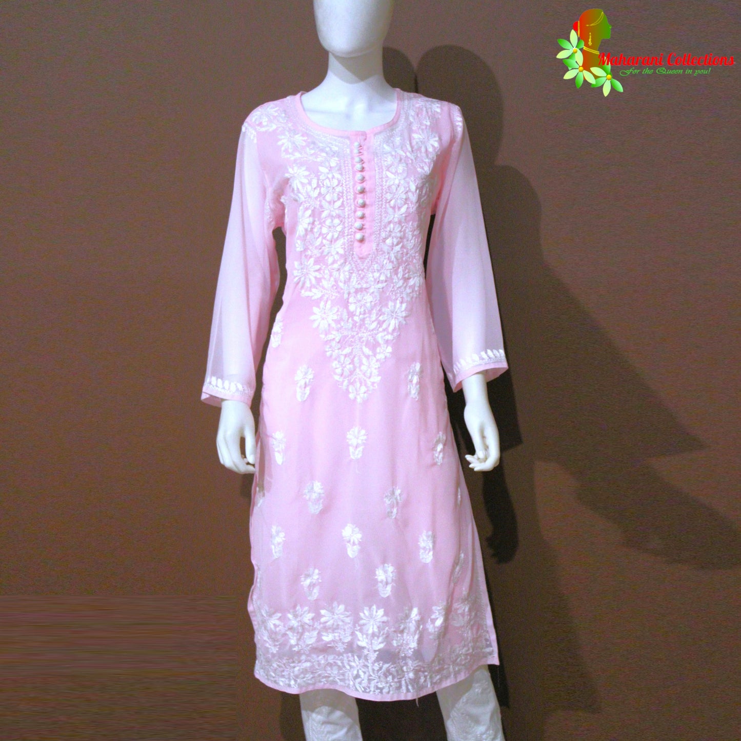 Maharani's Lucknowi Chikankari Top - Pink (L) - Pure Georgette