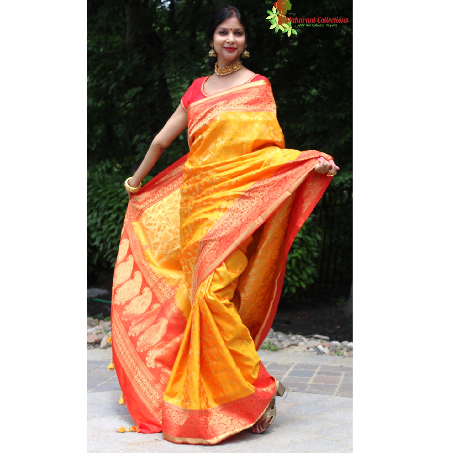 Maharani's Pure Heavy Zari Banarasi Silk Saree - Yellow (with Stitched Blouse and Petticoat)