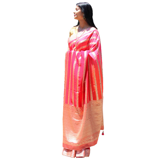 Maharani's Pure Banarasi Georgette Saree - Red, Pink and Orange (with stitched Blouse and Petticoat)