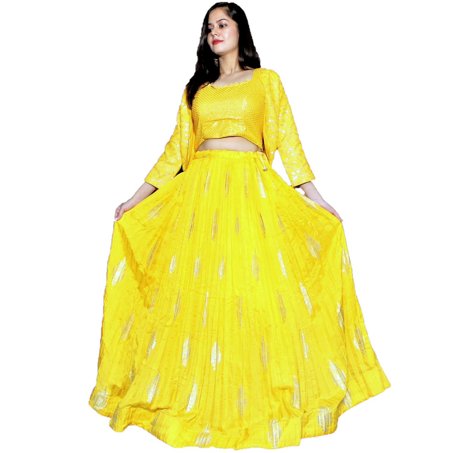 Maharani's Silk Ikkat Patola Lehenga Choli with Half Koti - Yellow