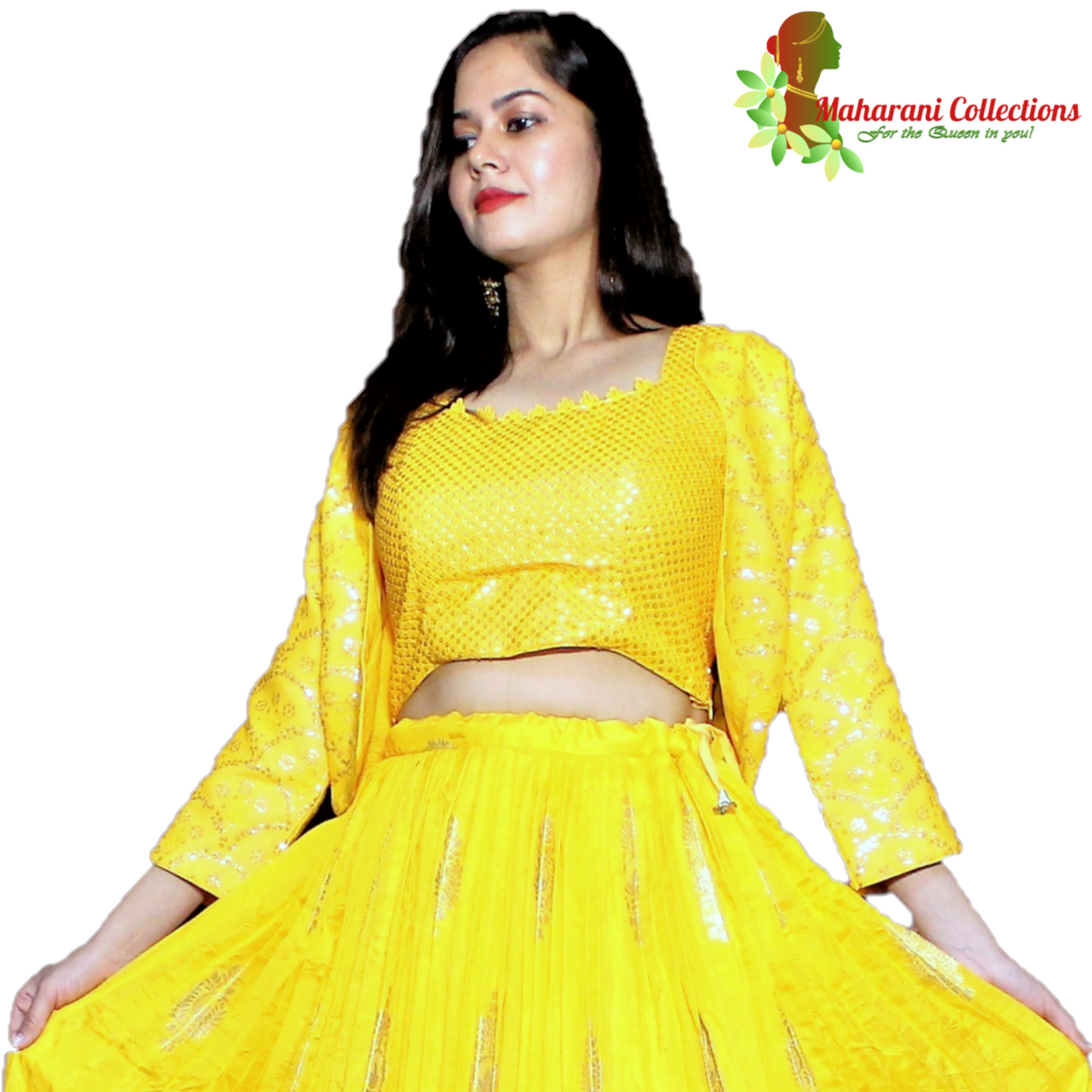 Maharani's Silk Ikkat Patola Lehenga Choli with Half Koti - Yellow