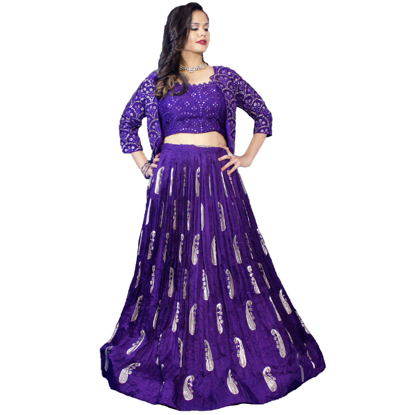 Maharani's Silk Ikkat Patola Lehenga Choli with Half Koti - Purple