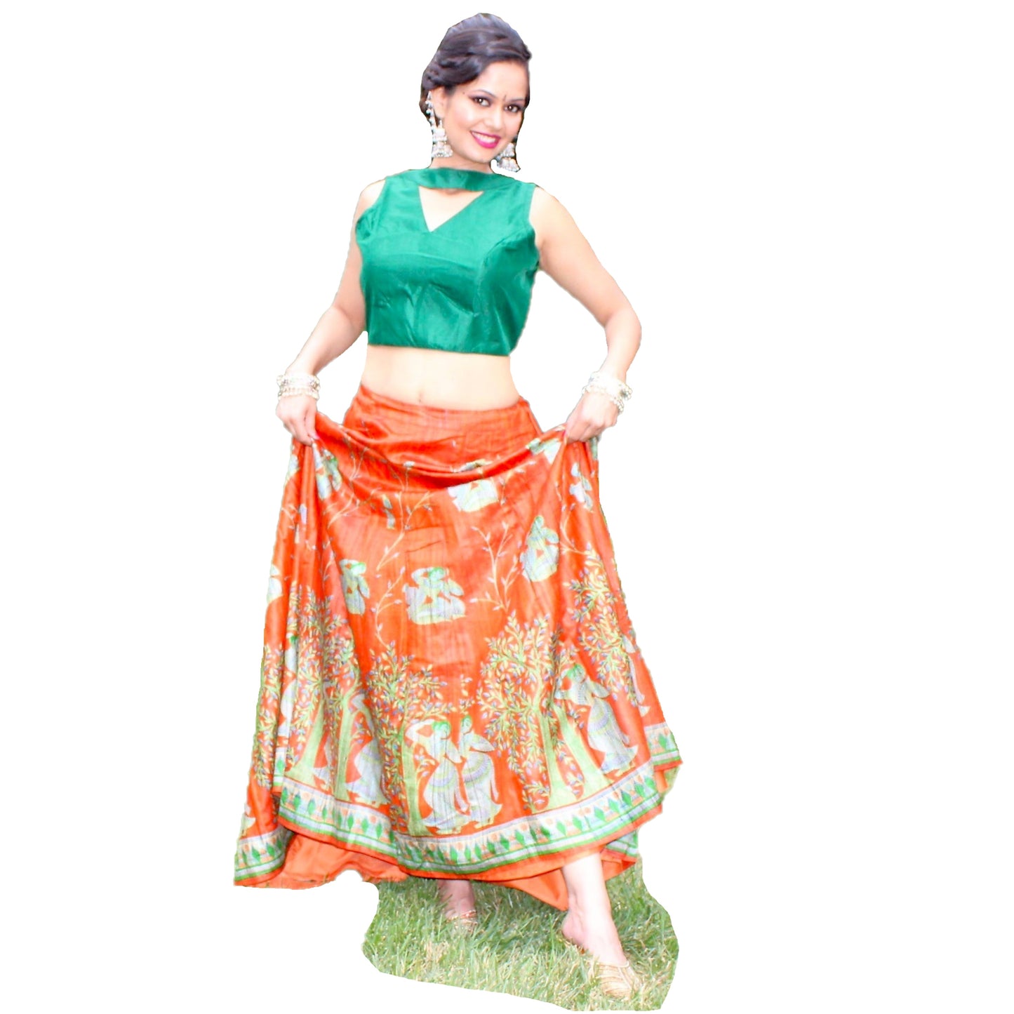 Maharani's Pure Tussar Silk Lehenga - Orange & Green (M)