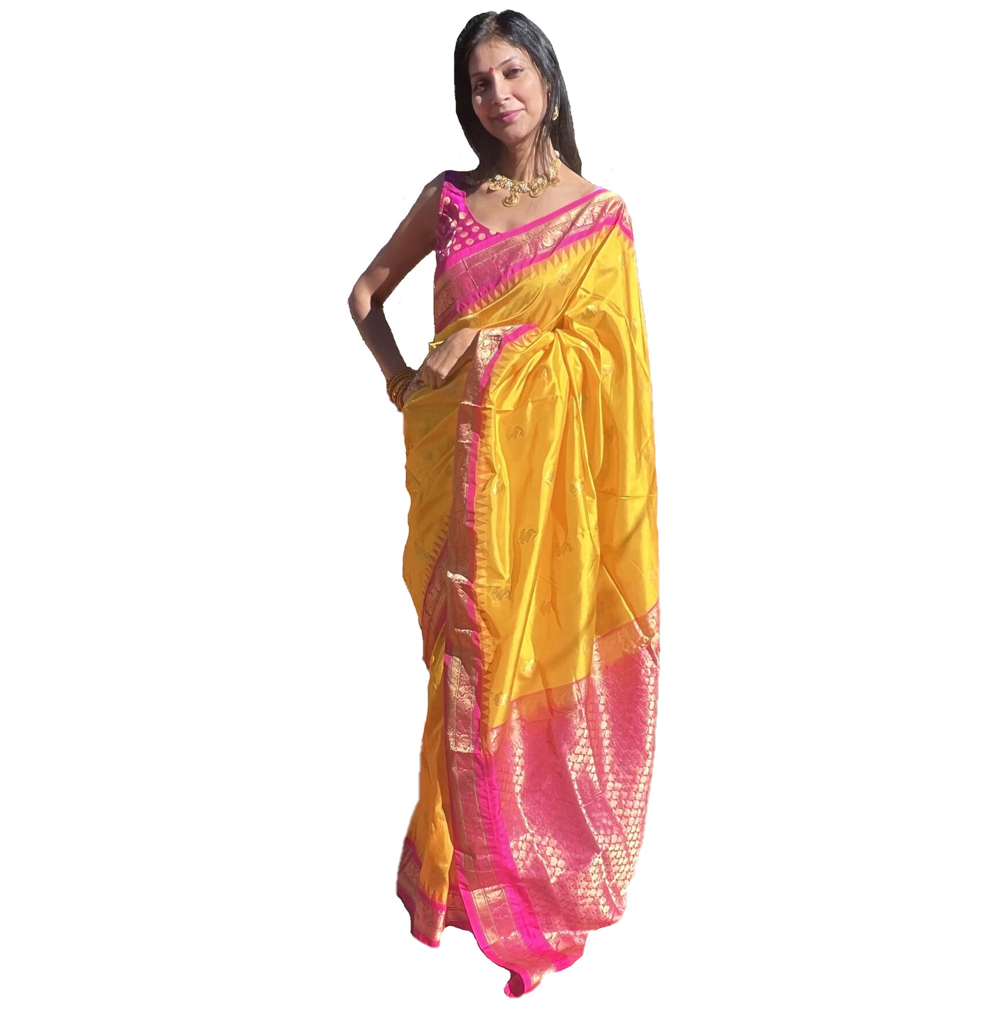 Maharani's Pure Banarasi Paithani Silk Saree - Yellow (with stitched Petticoat)