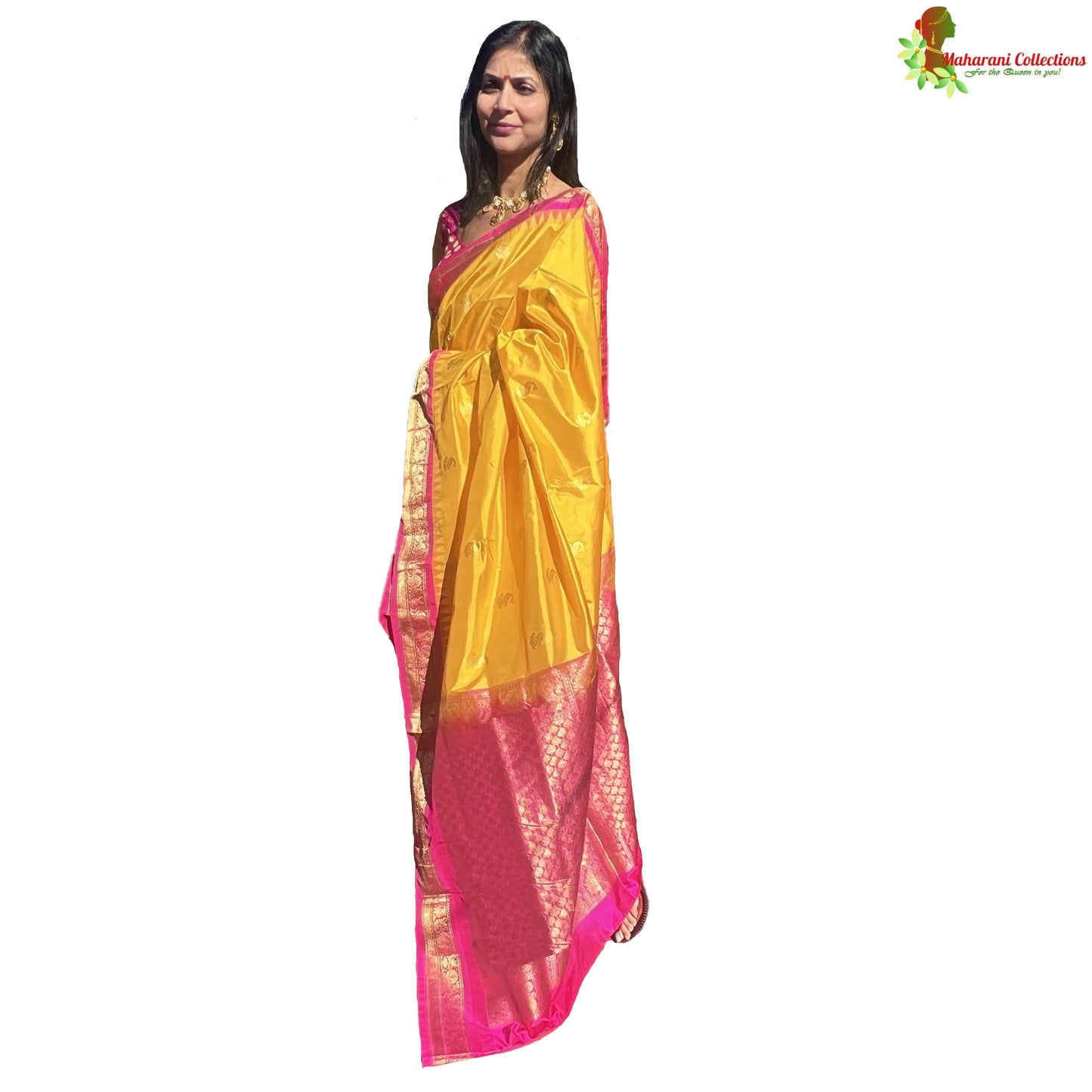 Maharani's Pure Banarasi Paithani Silk Saree - Yellow (with stitched Petticoat)