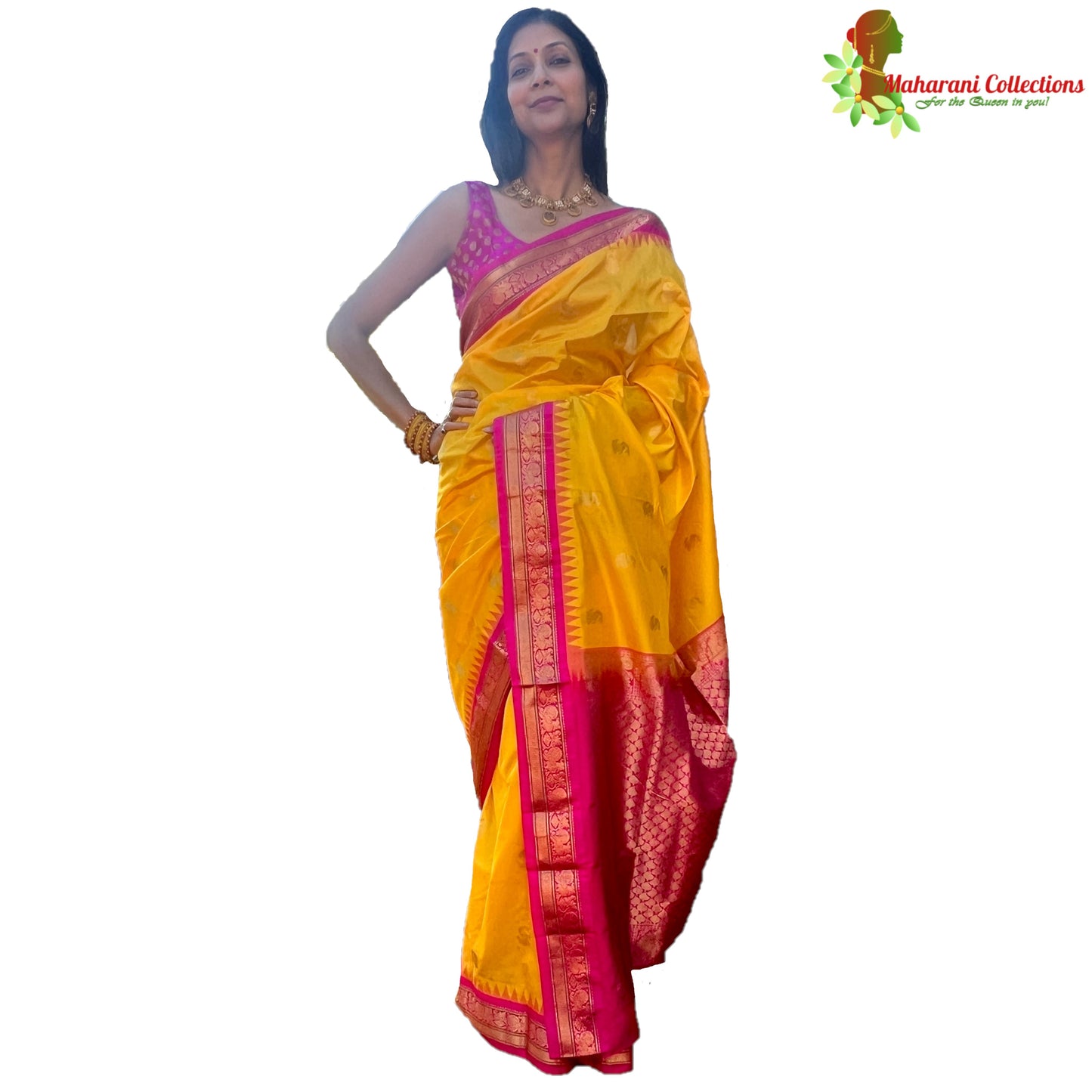 Maharani's Pure Banarasi Paithani Silk Saree - Yellow (with stitched Petticoat)