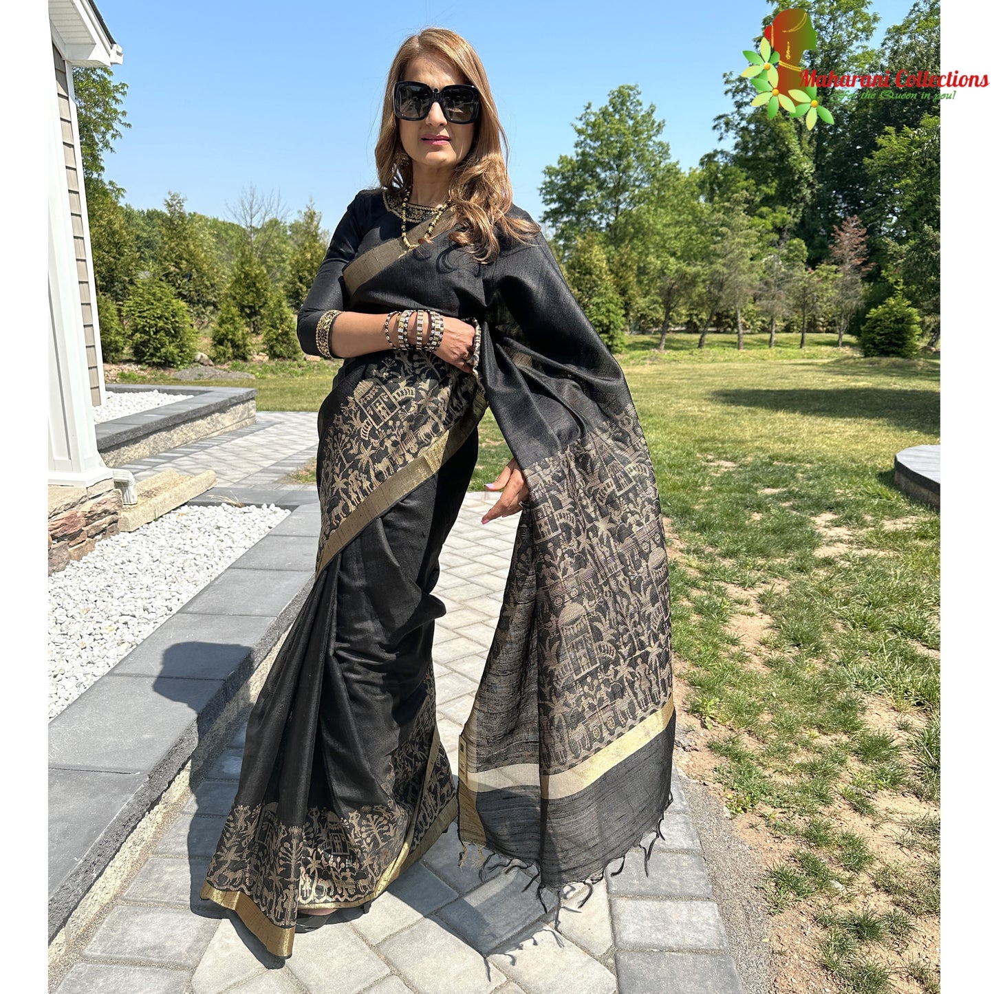 Maharani's Pure Tussar Silk Saree (Silk Mark) - Black (with Stitched Blouse & Petticoat)