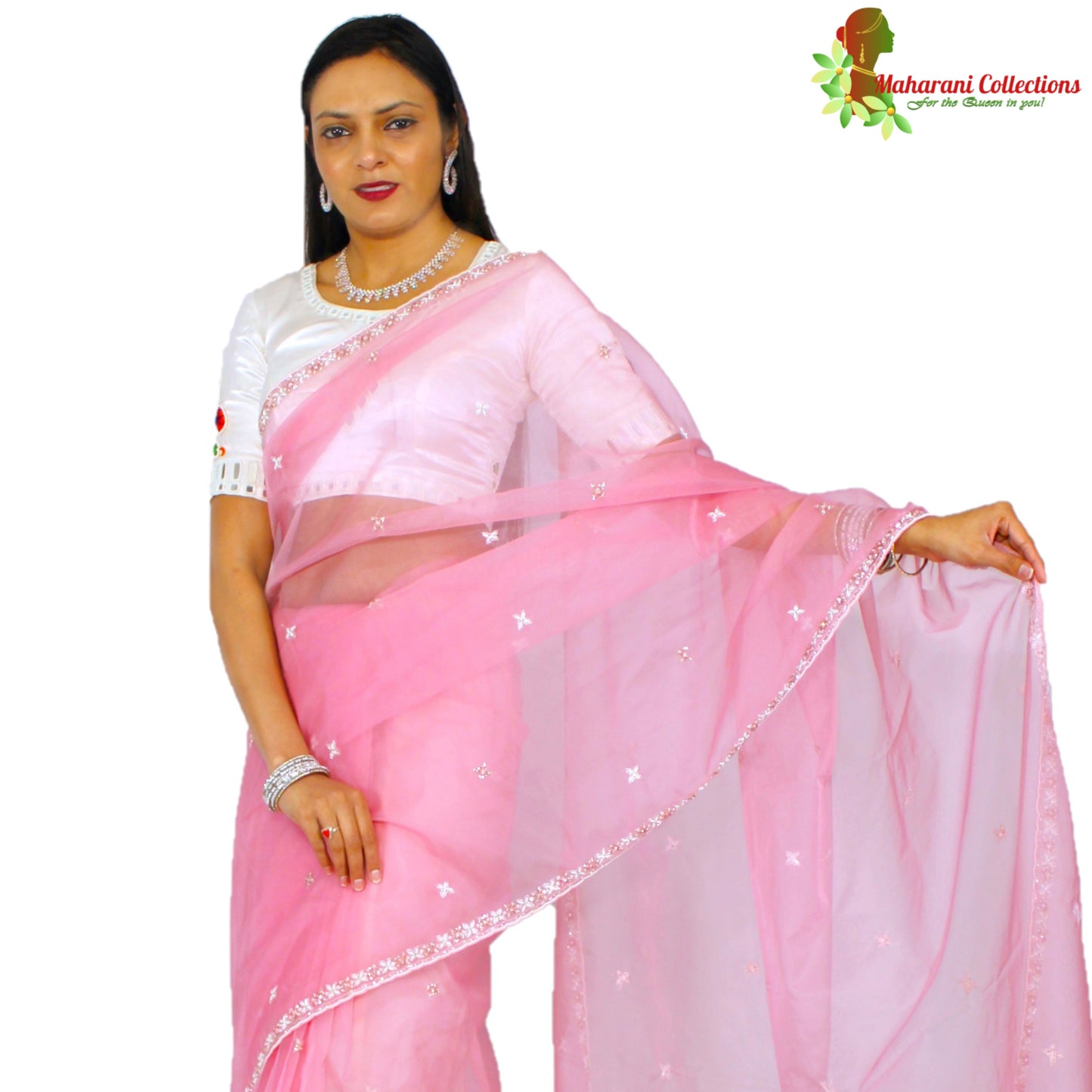 Maharani's Party Wear Tissue Chiffon Saree - Peach (with Stitched Petticoat)