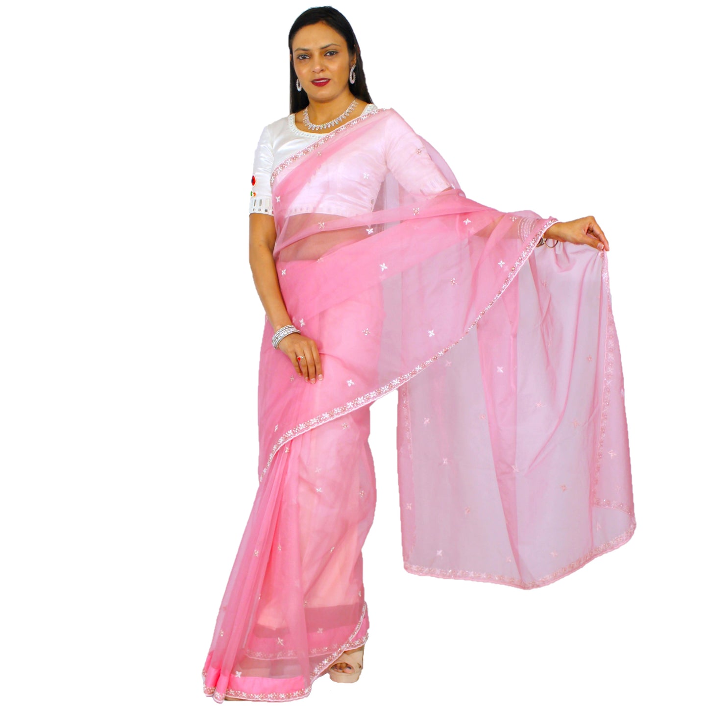 Maharani's Party Wear Tissue Chiffon Saree - Peach (with Stitched Petticoat)