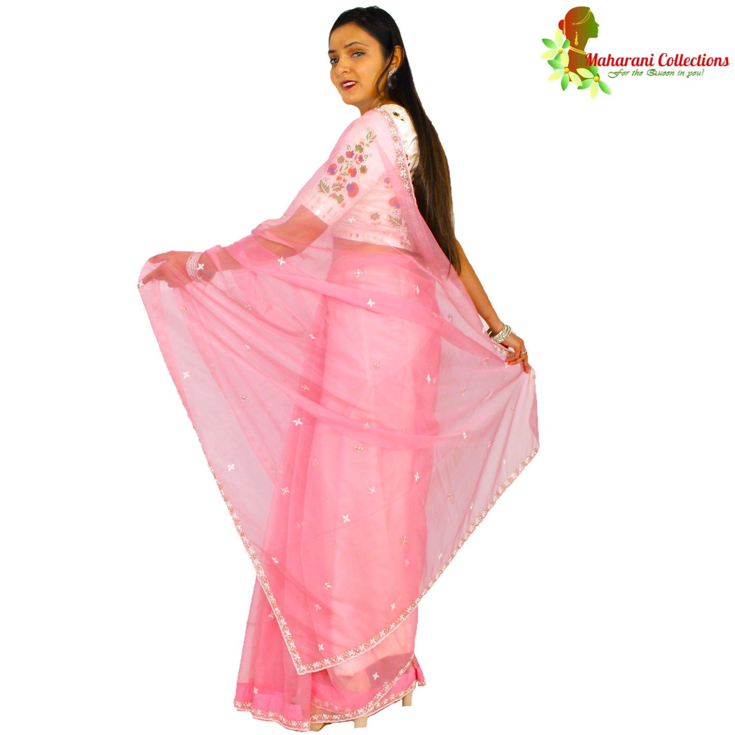 Maharani's Party Wear Tissue Chiffon Saree - Peach (with Stitched Petticoat)