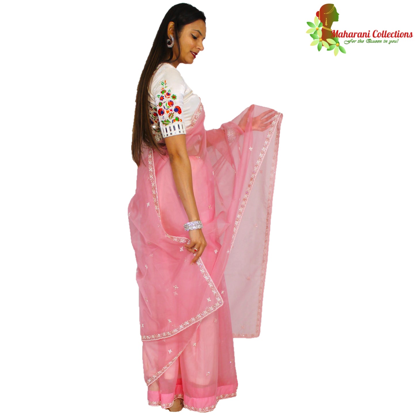 Maharani's Party Wear Tissue Chiffon Saree - Peach (with Stitched Petticoat)