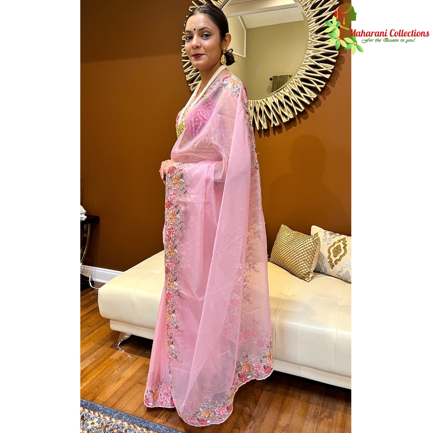 Maharani's Designer Party Wear Organza Saree - Pink (with Stitched Petticoat)